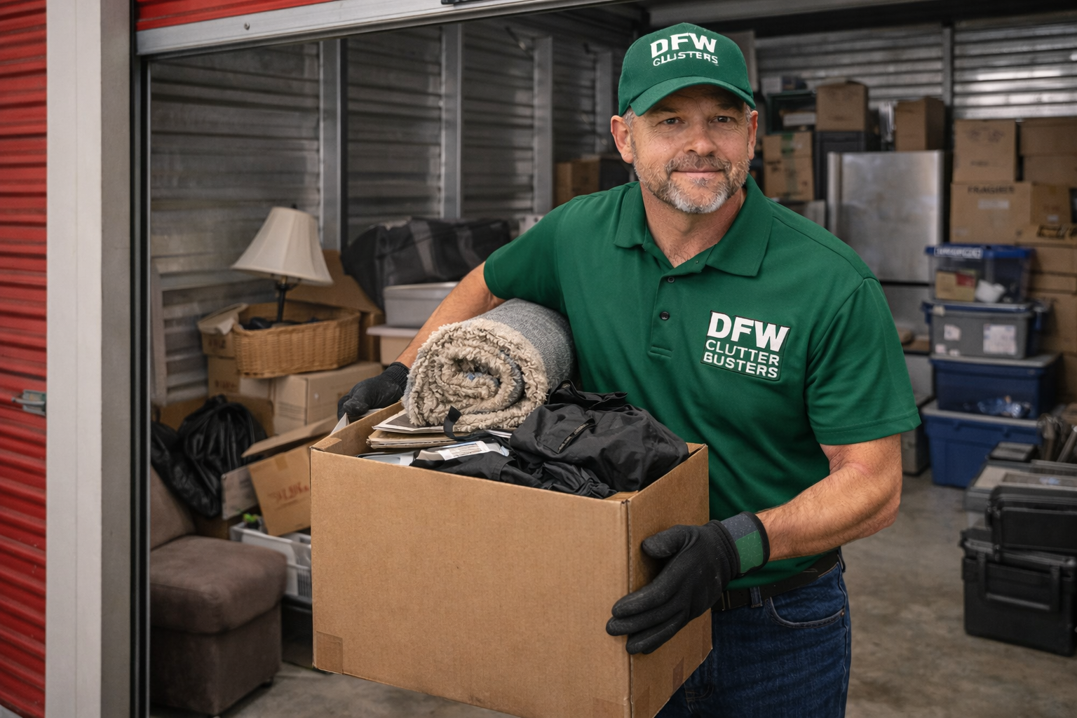 A man in a green uniform and cap, with "DFW Clutter Busters" written on it, holding a cardboard box filled with various items inside a storage unit.