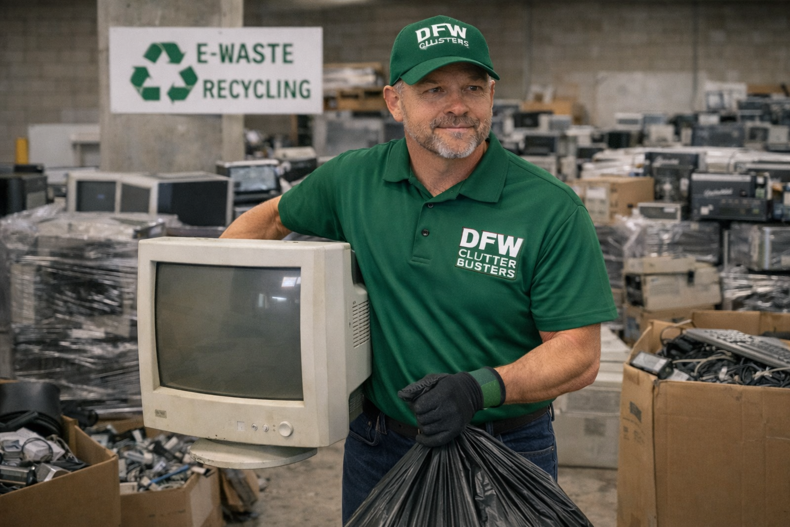 A man wearing a green cap and shirt labeled 'DFW Clutter Busters' standing in a warehouse filled with discarded electronics, holding a black trash bag and resting his arm on an old computer monitor.