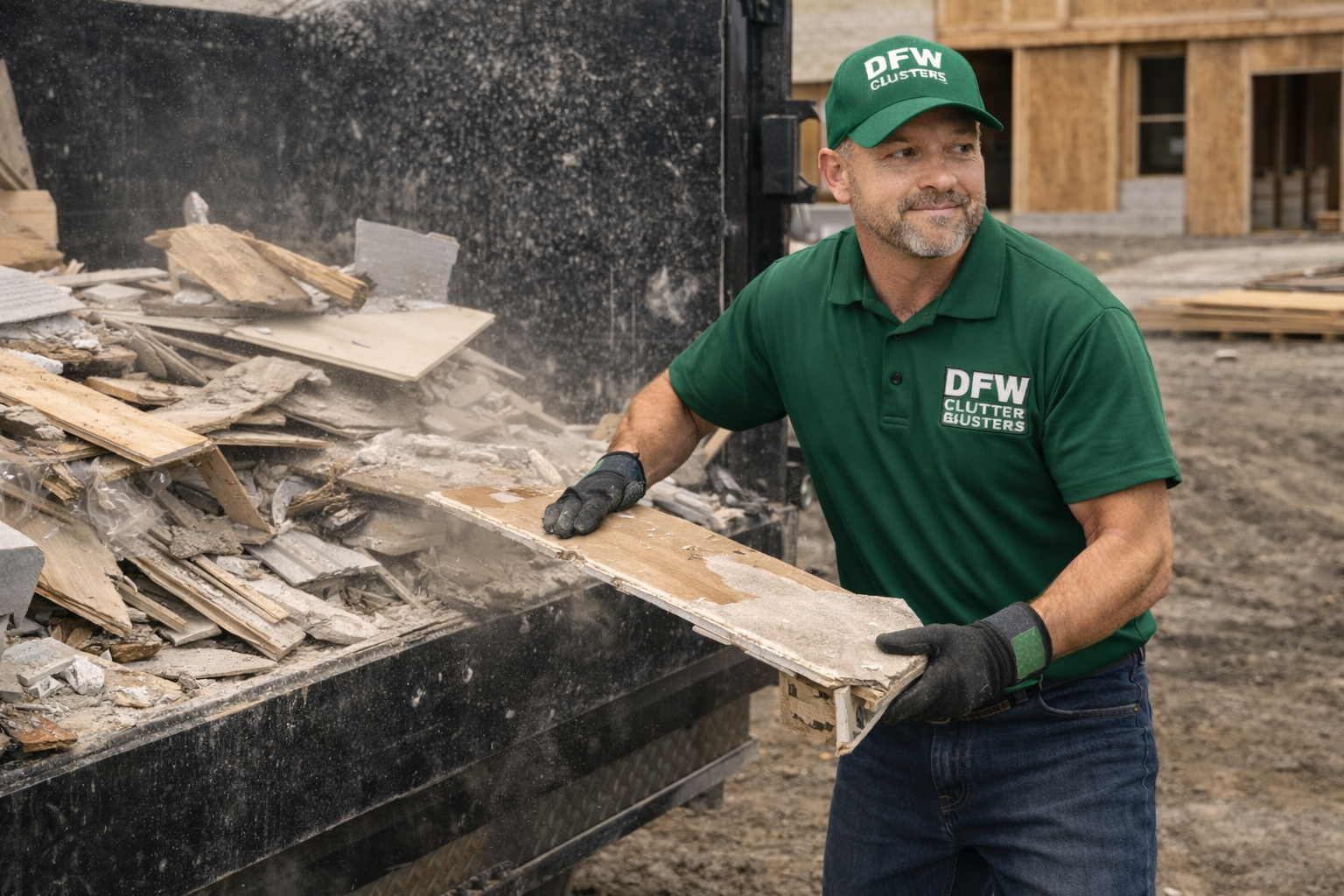 A man wearing a green DEW Clutter Busters polo shirt and cap loads debris into a dumpster at a construction site.