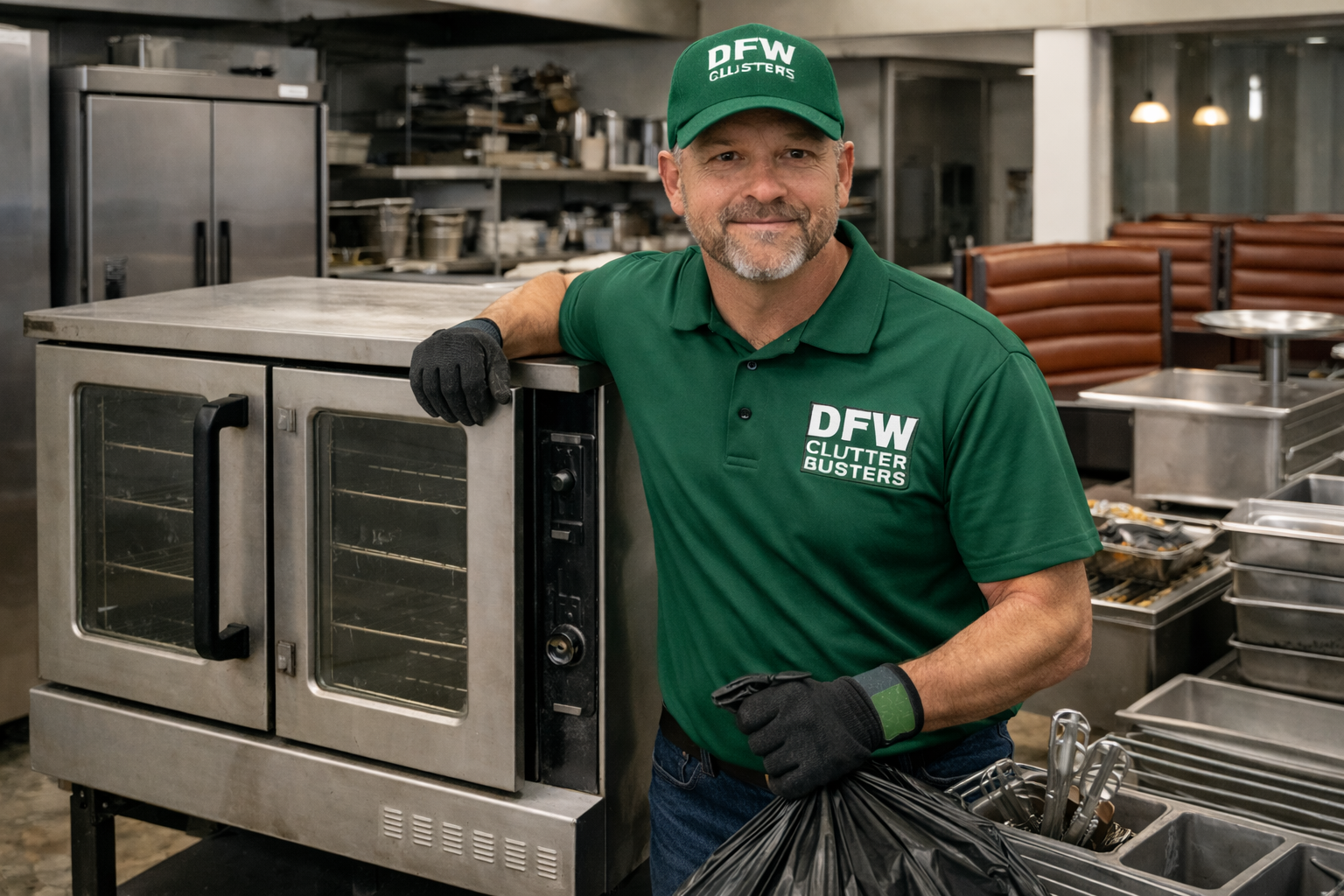 A man wearing a green DFW Clutter Busters cap and shirt, smiling, leaning on a stainless steel oven in a kitchen or commercial food prep area, holding a black trash bag and black gloves.