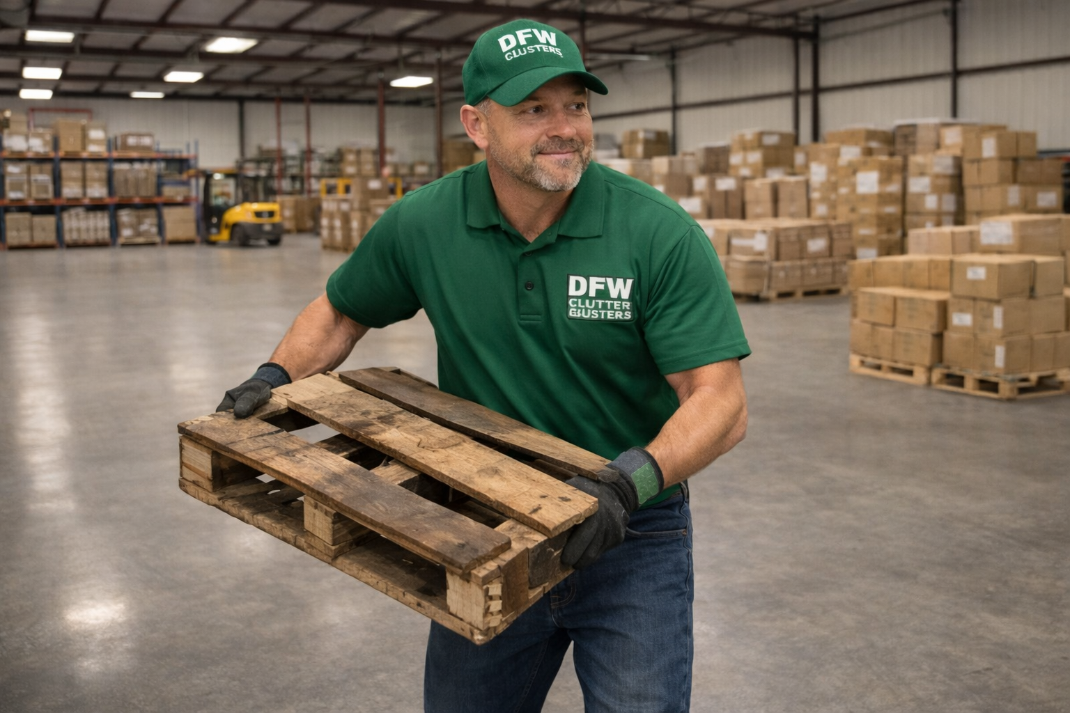 A man in a green uniform and cap with 'DFW Clutter Gusters' logo, holding a wooden pallet inside a warehouse with stacked boxes and a forklift in the background.