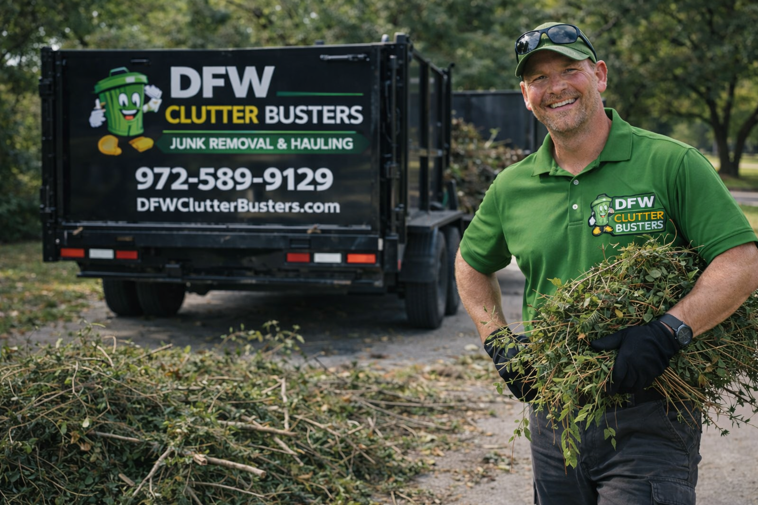 Man in green shirt holding yard debris in front of a black truck with logo for DFW Clutter Busters for junk removal and hauling.