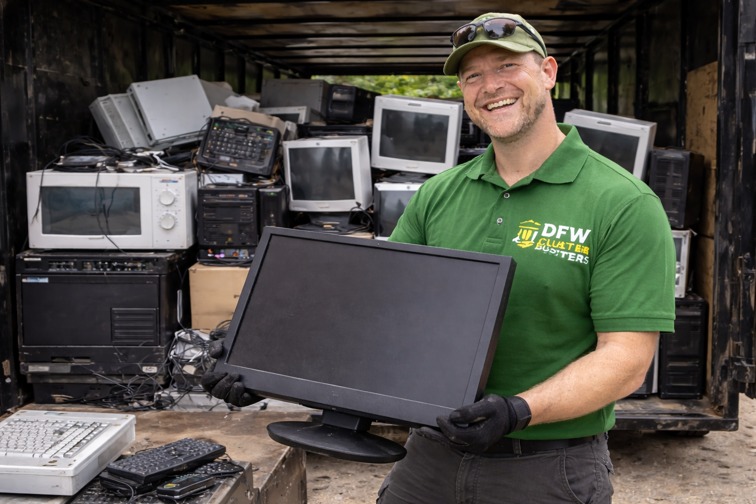 A man wearing a green DEW Clutter Busters polo shirt and gloves holding a computer monitor, standing in front of a trailer filled with discarded electronic devices including monitors, keyboards, and other computer equipment.