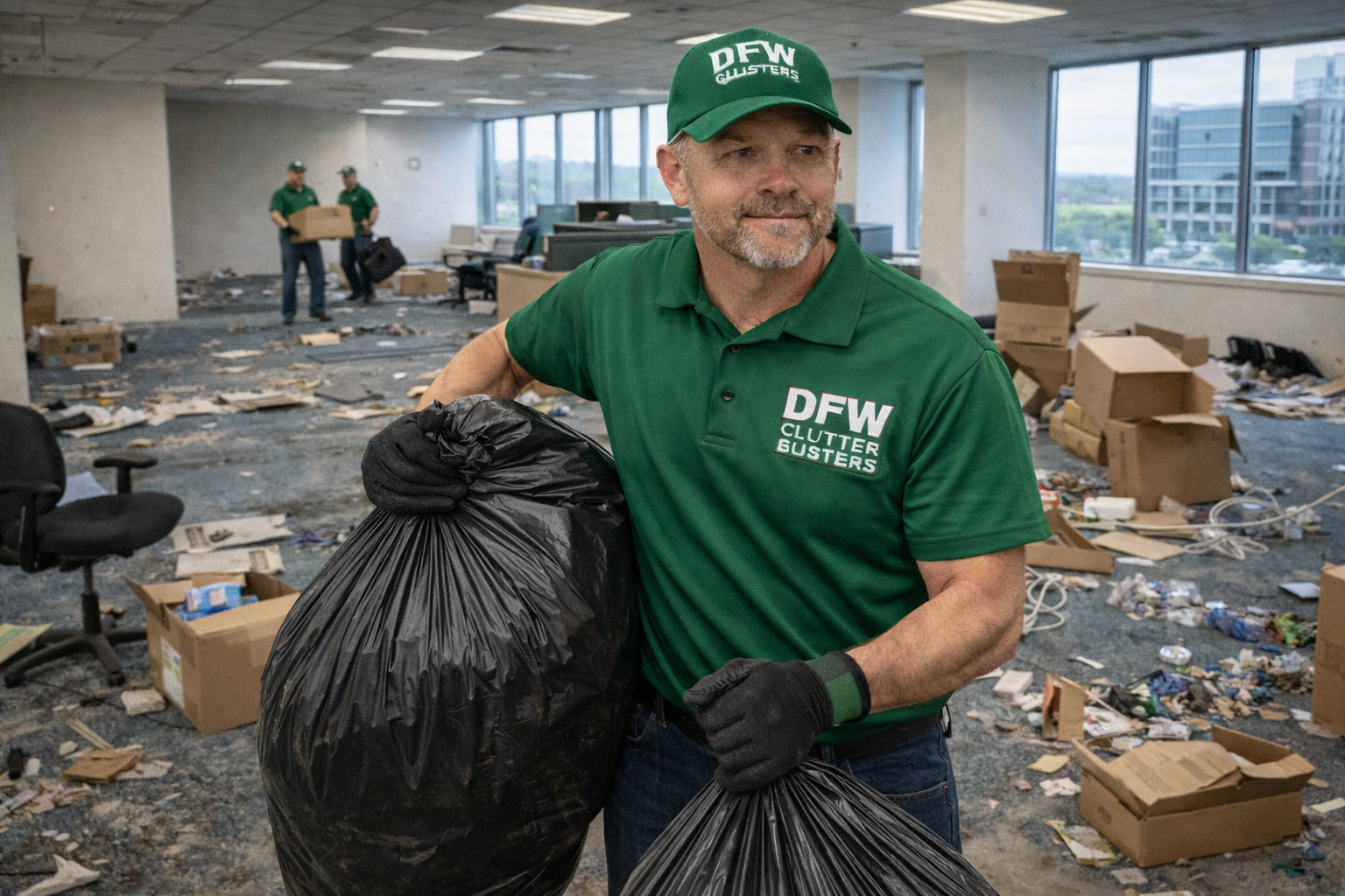A man wearing a green shirt and cap with the logo 'DFW Clutter Busters' is holding two garbage bags inside a messy office space with scattered boxes and debris, while two other workers clean in the background.
