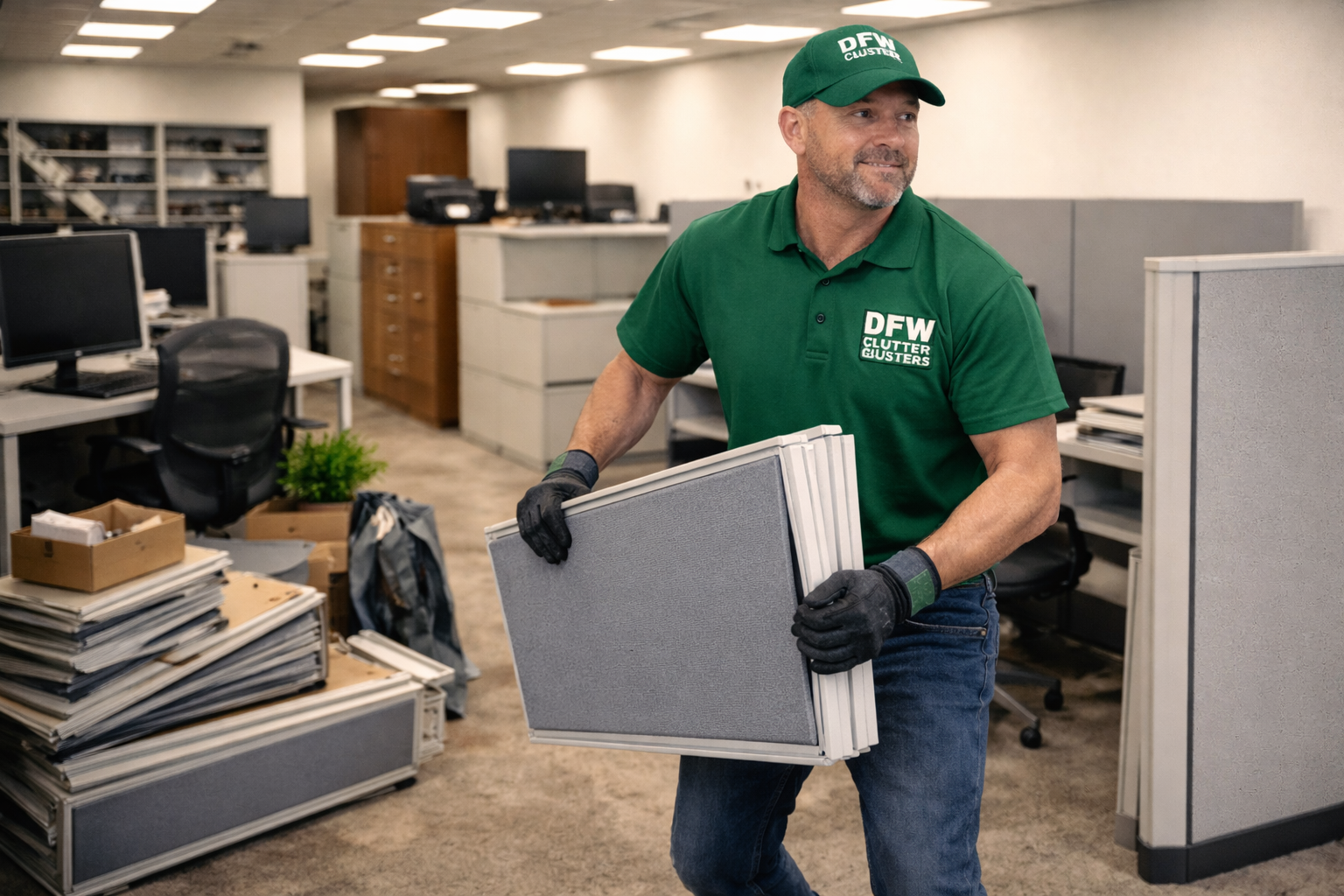 A man wearing a green DFW Clutter Busters t-shirt and cap is carrying a gray cubicle partition in an office environment with desks, chairs, and office supplies.