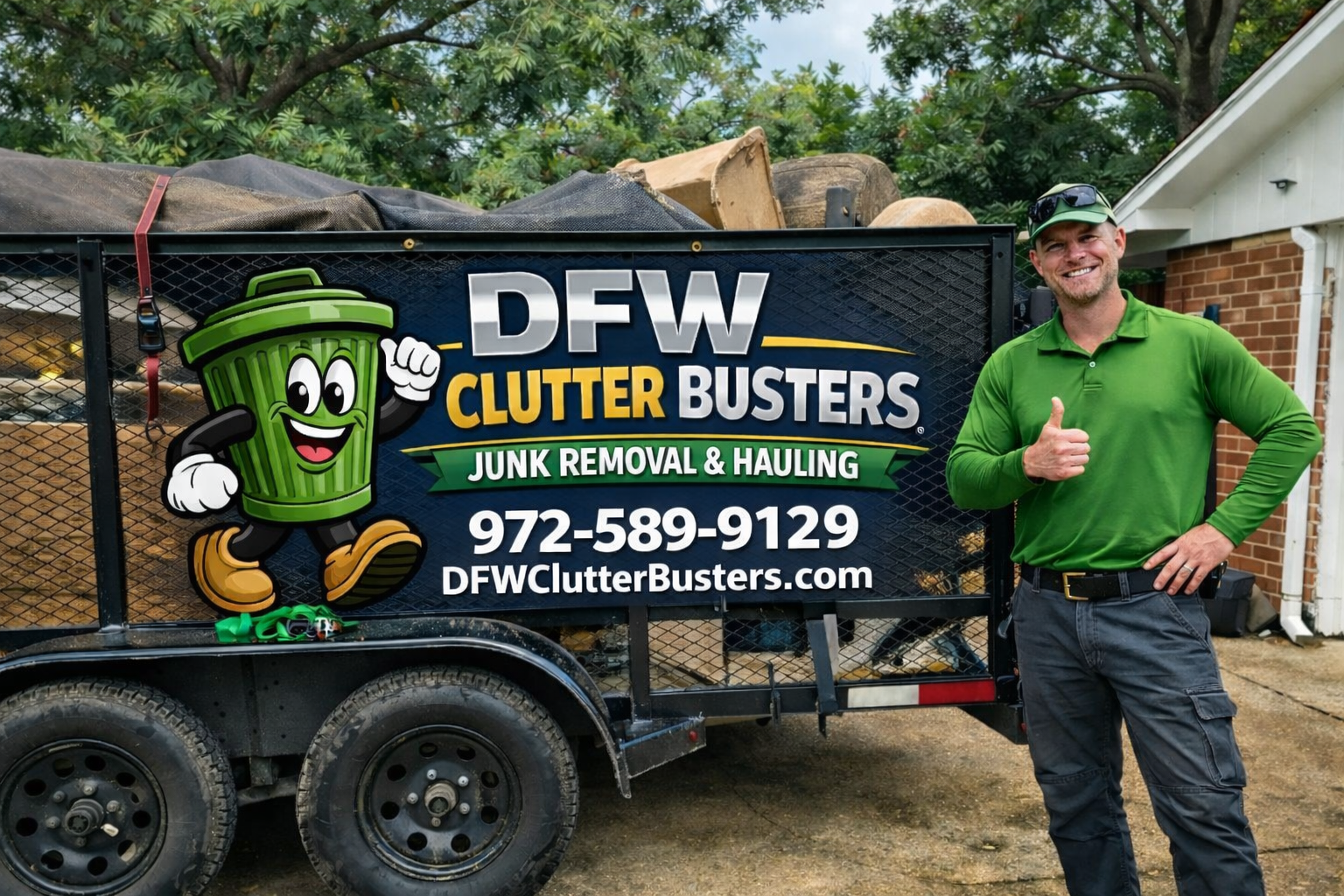 A man standing beside a trailer with a sign for DFW Clutter Busters, a junk removal and hauling service. The man is wearing a green long-sleeve shirt, dark cargo pants, sunglasses, and is giving a thumbs up. The trailer has a cartoon trash can logo and includes contact information and website.