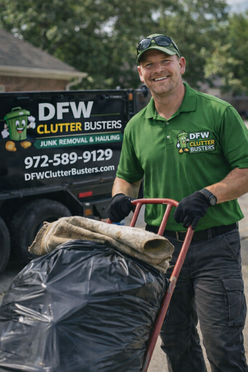 A smiling man wearing a green polo shirt with a logo, black gloves, and sunglasses on his cap, pushing a trash cart filled with a black garbage bag and a rolled-up rug, standing outdoors near a black trailer with a logo and contact information for a junk removal service.