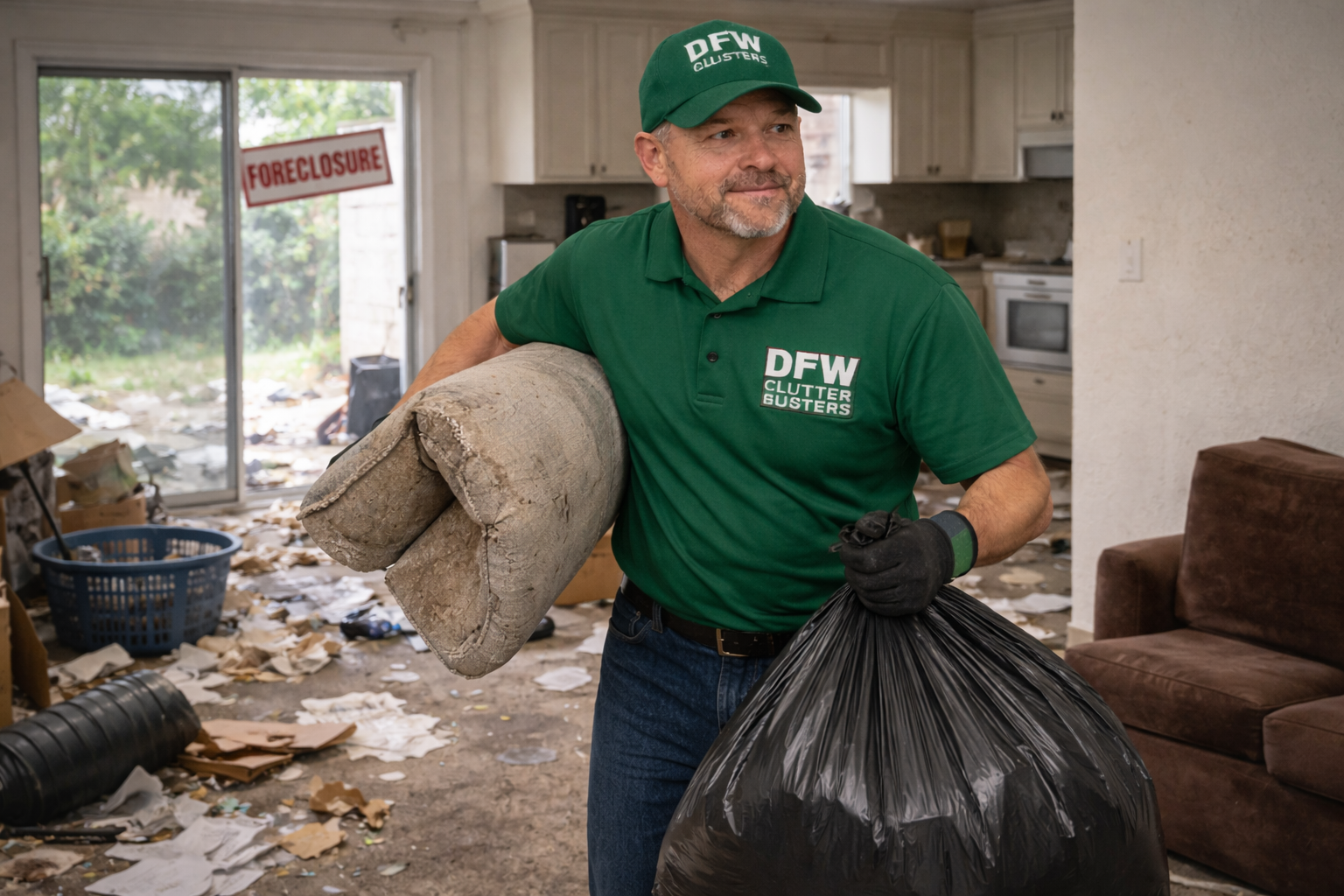 A man in a green 'DFW Clutter Busters' shirt and cap carrying a rolled-up carpet and a black trash bag inside a cluttered house with debris and trash on the floor and an 'Foreclosure' sign outside visible through the window.