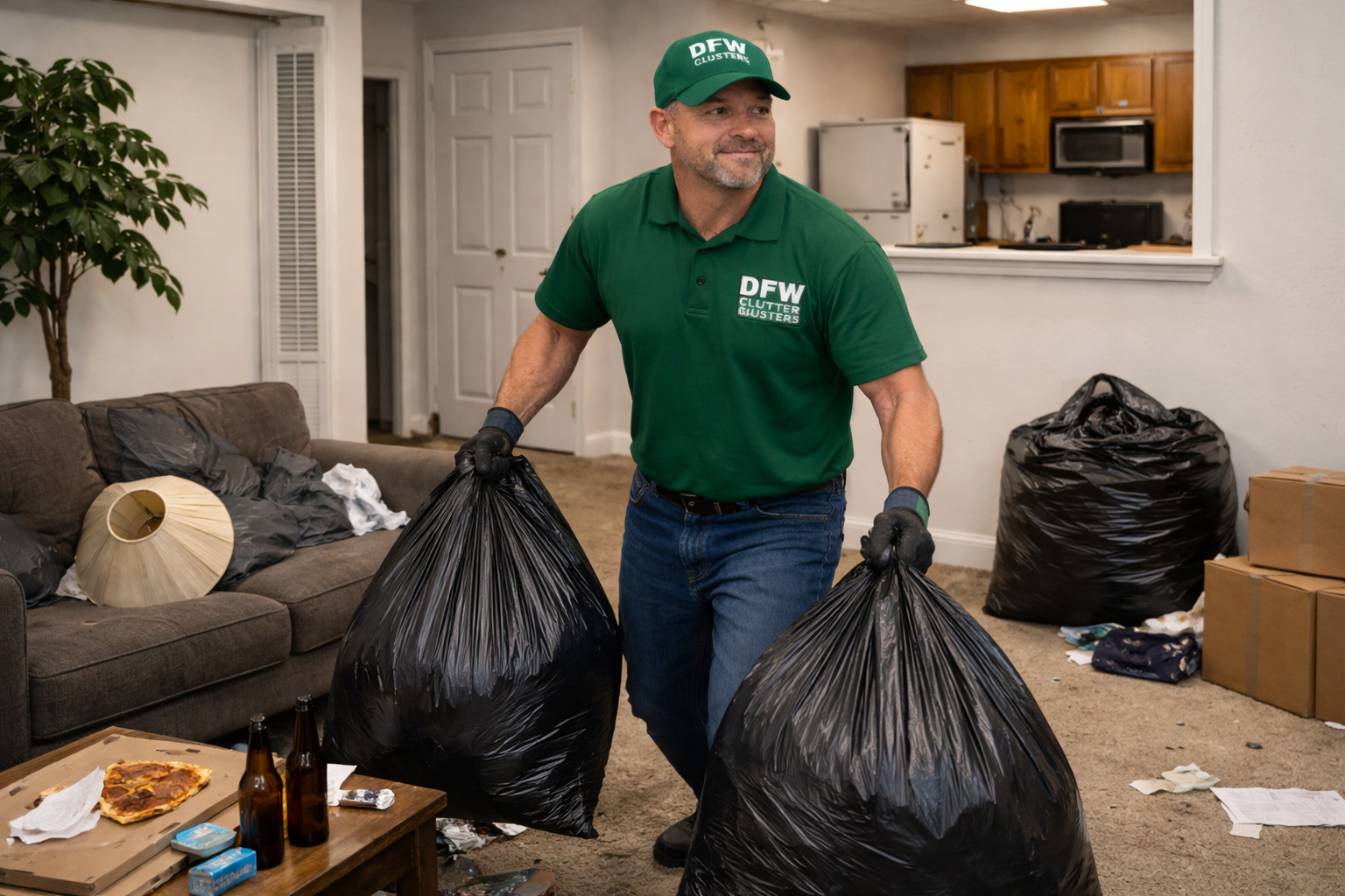 A man wearing a green DFW Clutter Busters uniform is carrying two large black trash bags inside a cluttered living room.