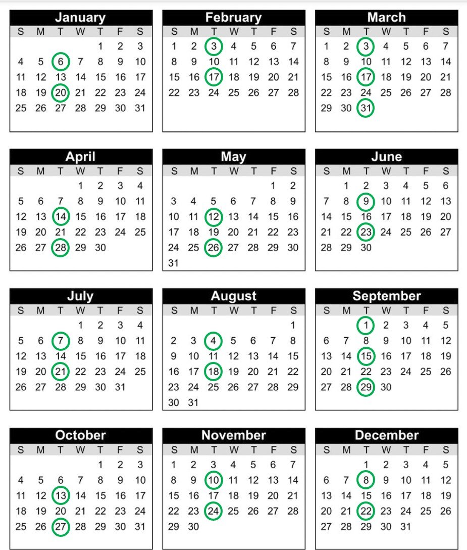 A calendar from January to December with specific dates marked with green circles.