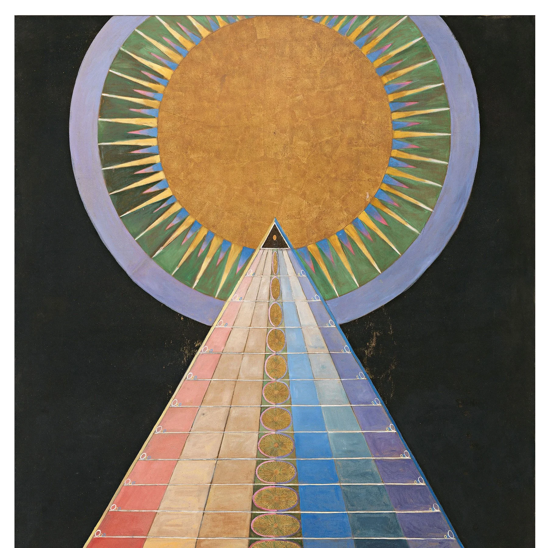 A geometric abstract artwork featuring a pathway leading to a large golden circular structure, surrounded by colorful triangular shapes and a dark background.