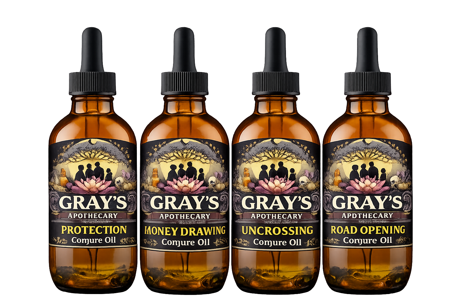 Four amber glass dropper bottles labeled Gray's Apothecary Conjure Oil, each with different text: Protection, Money Drawing, Uncrossing, Road Opening, with a mystical illustration of silhouettes of people sitting around a pink lotus flower, surrounded by a dark landscape and trees.