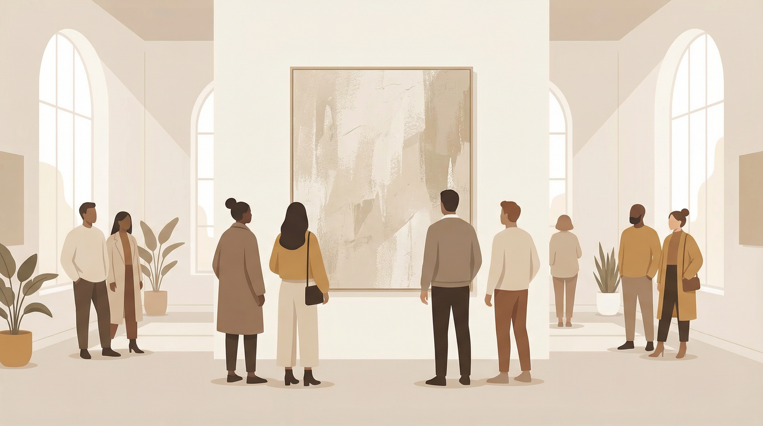 People viewing artwork in an art gallery with tall arched windows and potted plants.