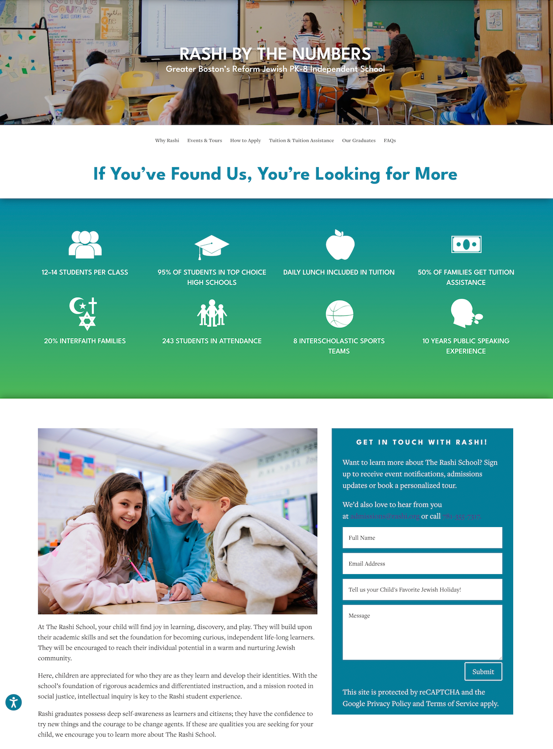 The desired landing page for this campaign, titled "By The Numbers", was built to showcase the top selling points of the school.
