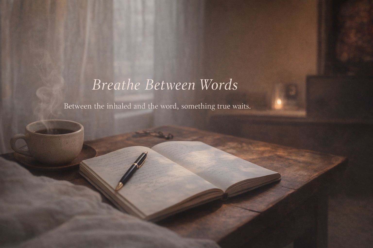 A cozy scene with a steaming cup of coffee, an open notebook with handwritten notes, and a pen on a wooden table in soft, warm lighting.