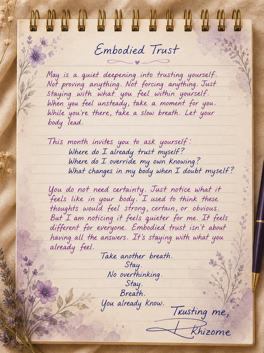A handwritten note titled "Embodied Trust" on a decorative paper with purple floral accents, surrounded by dried lavender, with a black and gold pen on the right side.