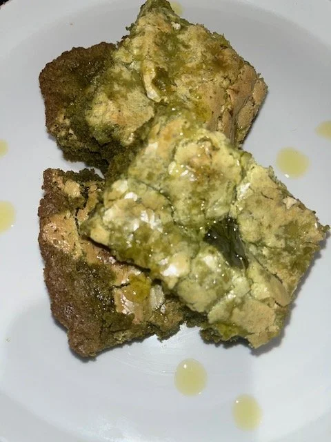 OOEY, GOOEY, OLIVE OIL & MATCHA BUTTER CAKE BARS.