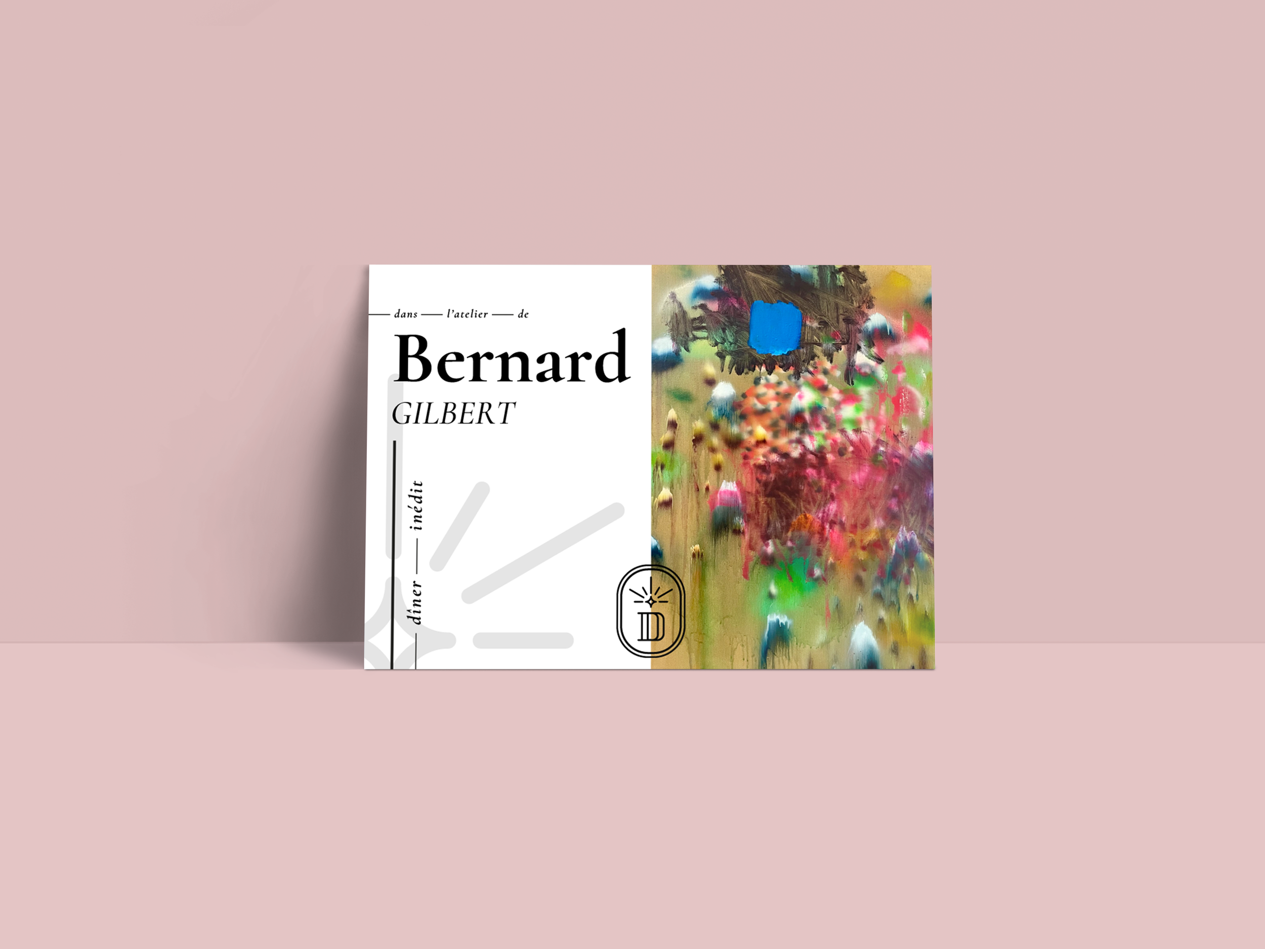 Couverture d'un livre d'art avec un titre qui mentionne Bernard Gilbert, contenant une peinture abstraite colorée, en partie visible, avec un fond rose pâle.