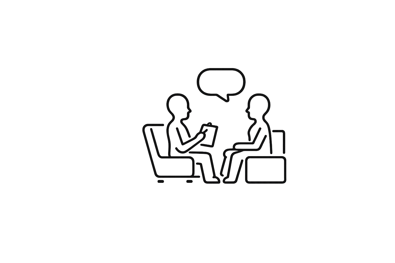 Line drawing of two people sitting across from each other, engaged in conversation, with one person holding a clipboard and both having speech bubbles above their heads.