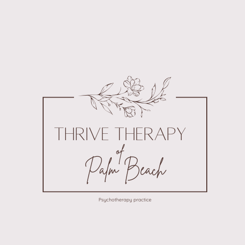 Logo for Thrive Therapy of Palm Beach with a floral design and text indicating psychotherapy practice.