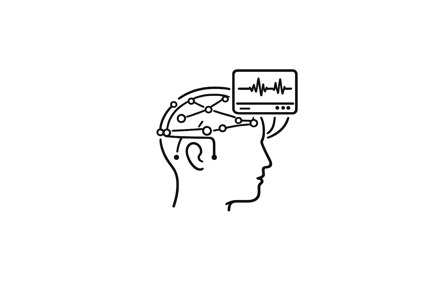 Stylized outline of a human head with brain activity pattern and an above-head monitor showing a heartbeat and waveforms.