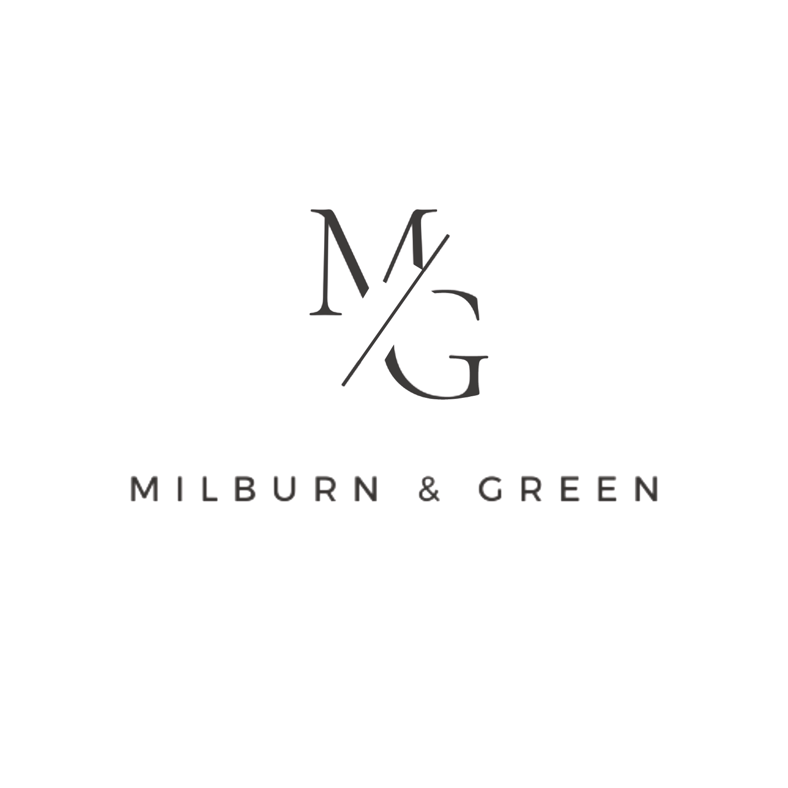 Milburn & Green logo featuring intertwined M and G with a diagonal slash, and the text 'Milburn & Green' below.