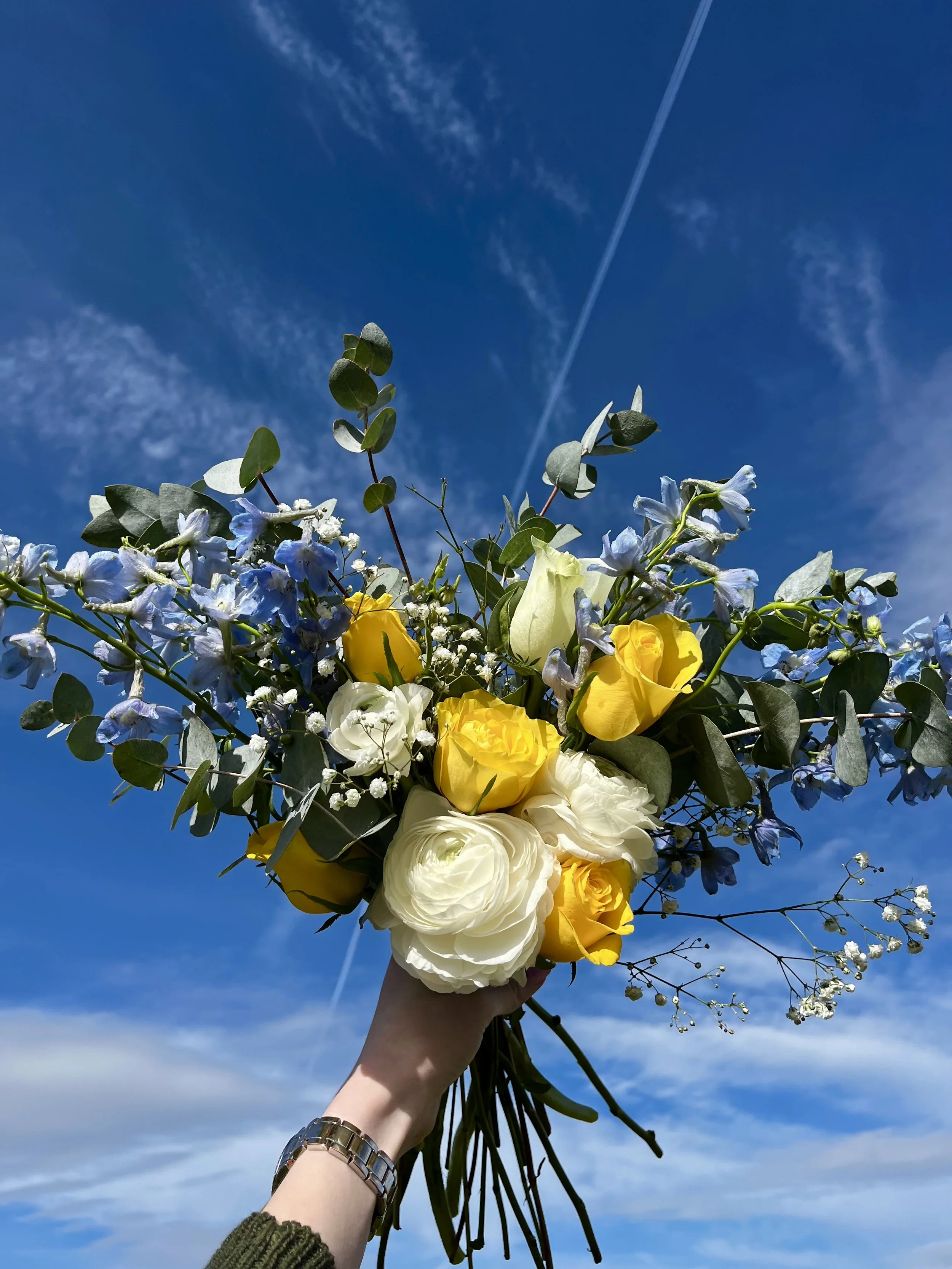 Hand holding a colorful bouquet of yellow, white, and blue flowers against a bright blue sky with wispy clouds and a contrail.