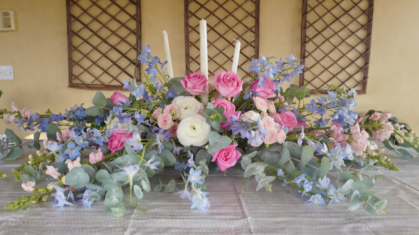 A floral centerpiece with pink roses, white ranunculus, blue delphiniums, and eucalyptus leaves, arranged with four white candles in the center.