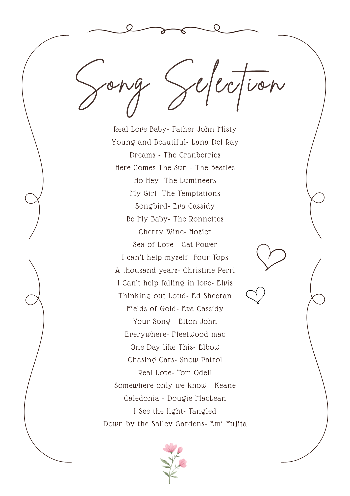 A list of songs on a menu titled 'Song Selection' with decorative borders, a small flower at the bottom, and two hand-drawn hearts.