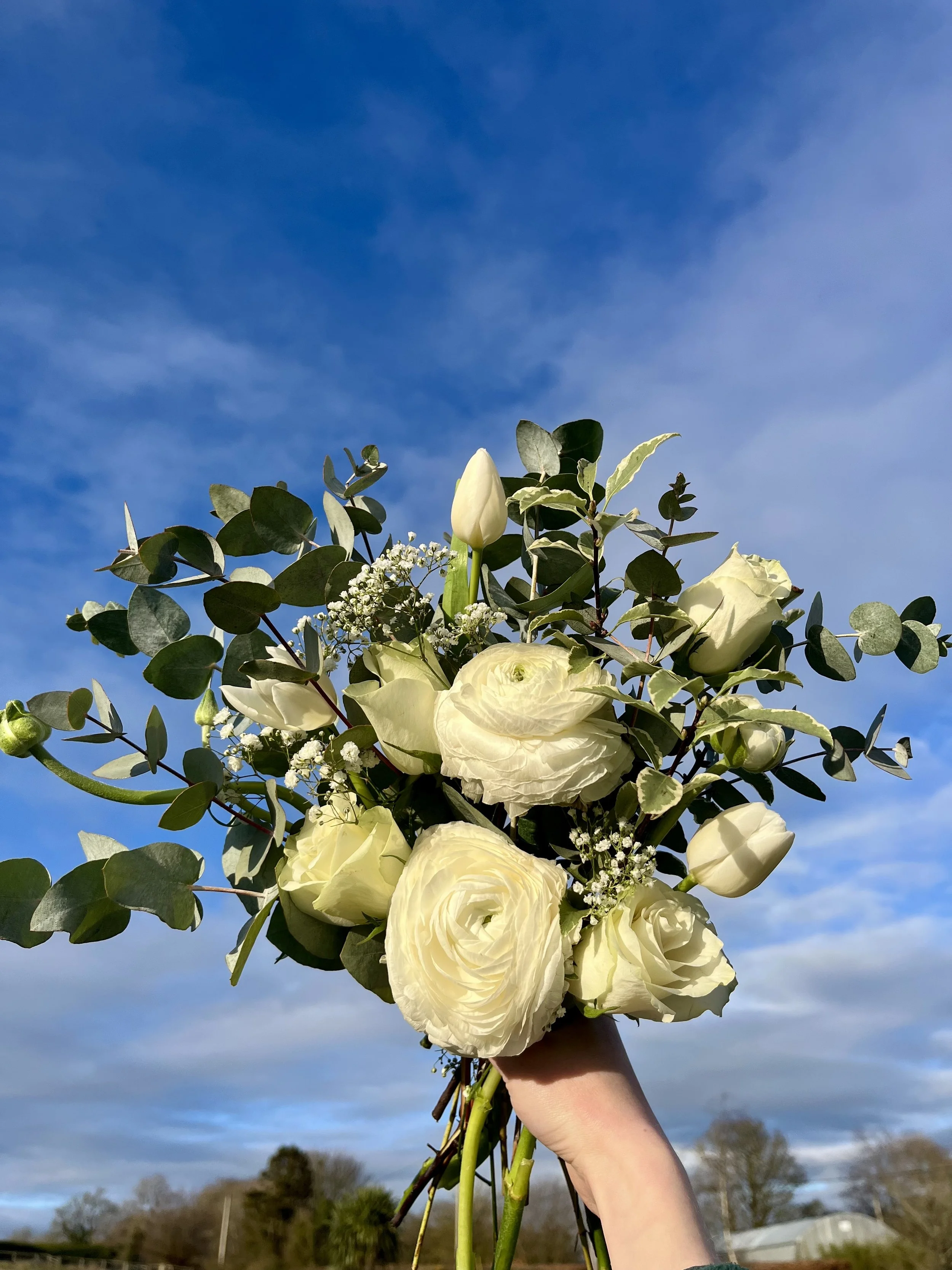 Person holding a bouquet of white roses, ranunculus, tulips, and greenery against a blue sky with clouds.