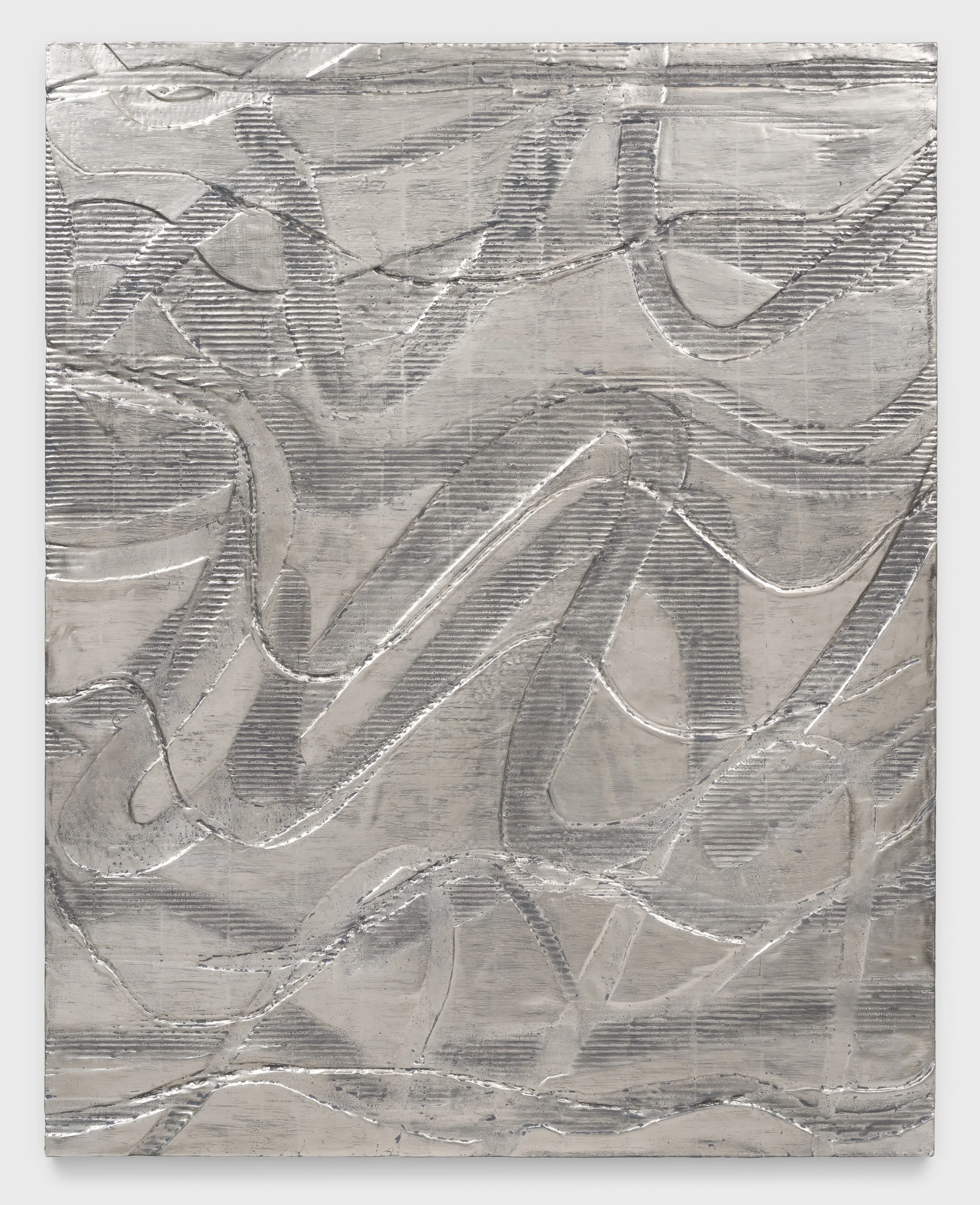 Palladium Calligraphy, 2023, Foglia di palladio, argilla dorata, cartone, su pannello di legno, 50 x 40 in. 