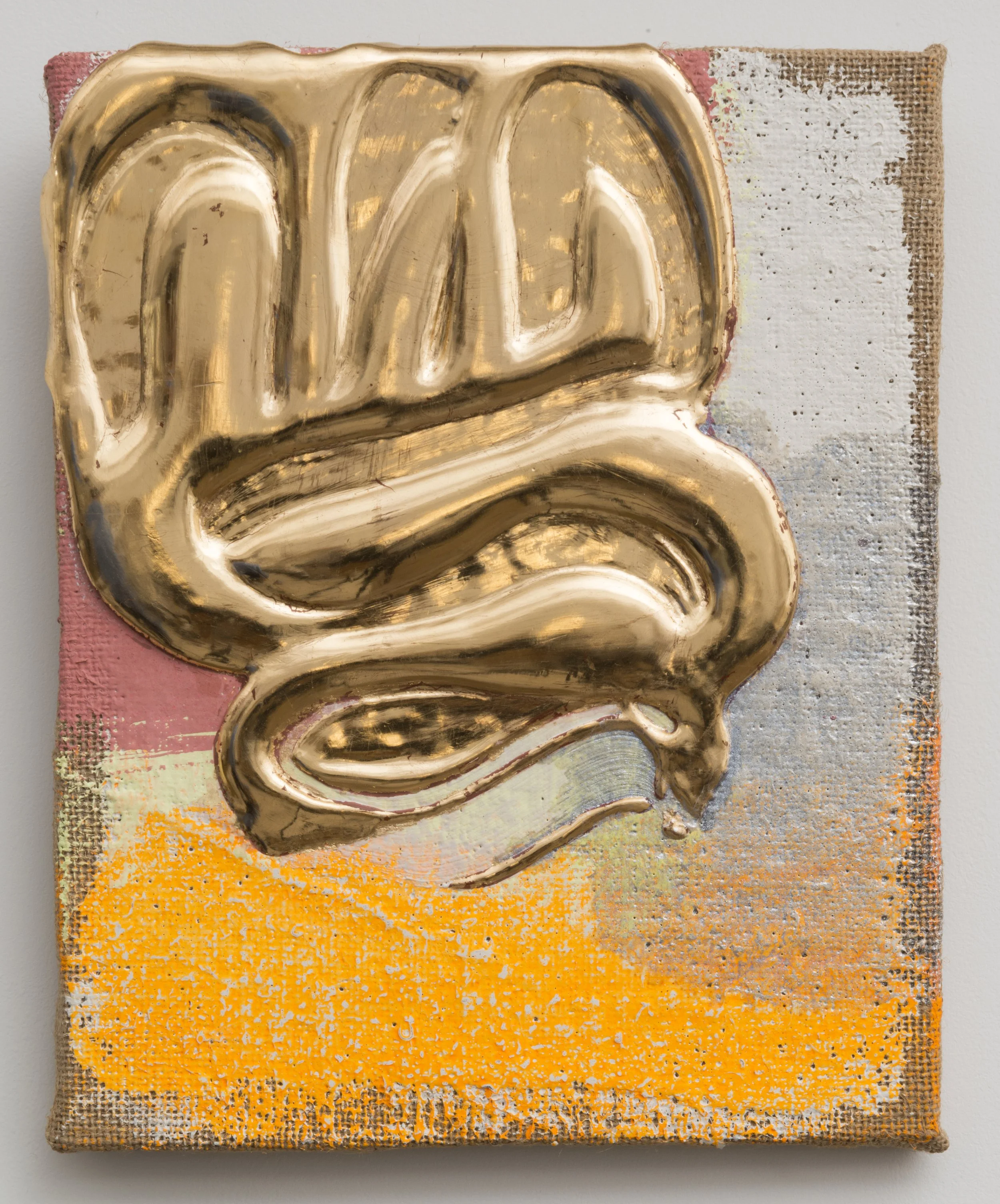 Red gold pour, 2013, Oro rosso, pigmento, juta, su pannello di legno, 10 x 8 in. 