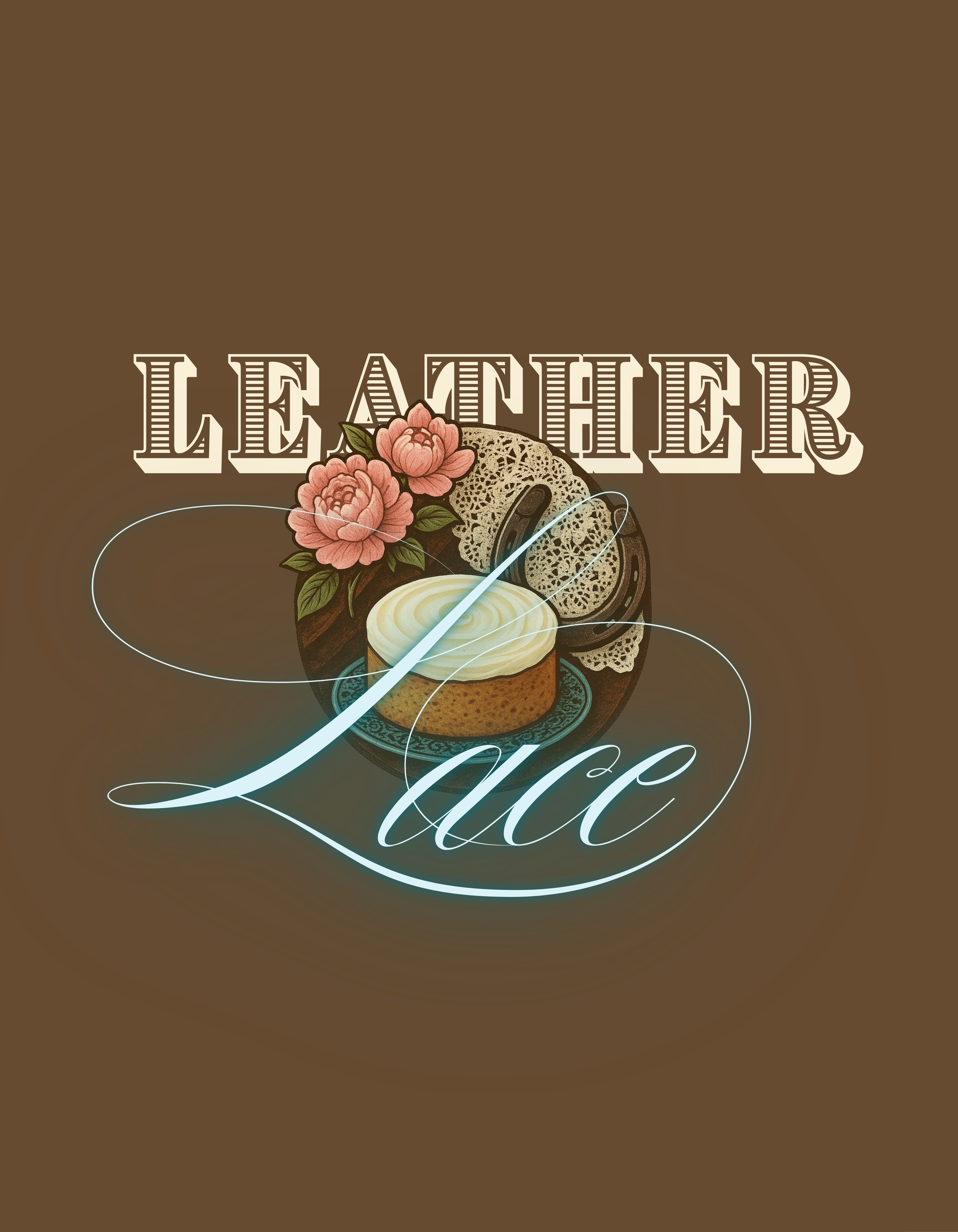 Vintage-style digital illustration with the words "Leather Lace" above a cake with white frosting, pink flowers, a lace doily, and a decorative plate on a brown background.