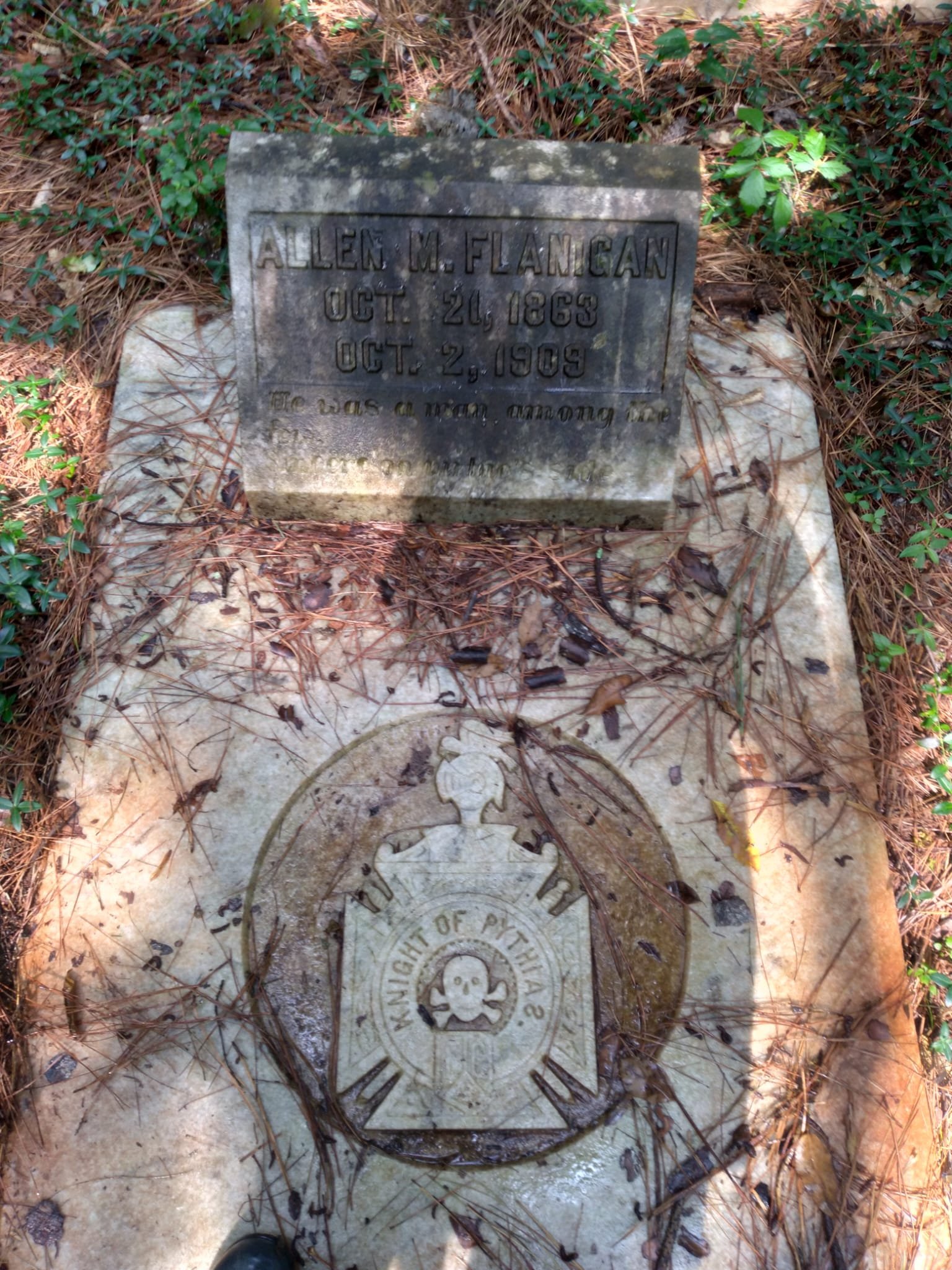 A historical grave marker for Allen M. Flanigan, who was born on October 21, 1863, and died on October 2, 1909, with the State of Pythea emblem and surrounded by pine needles and small green plants.