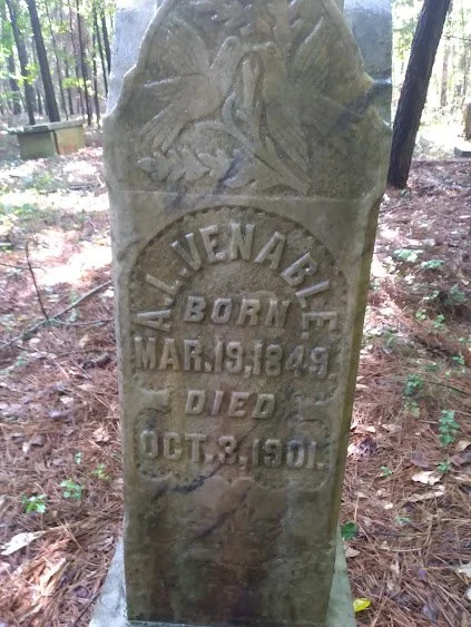 Old gravestone in a forested area with carved leaves at the top, inscribed with 'WALKEN JENARIE BORN MAR.19.1849 DIED OCT.3.1901'.