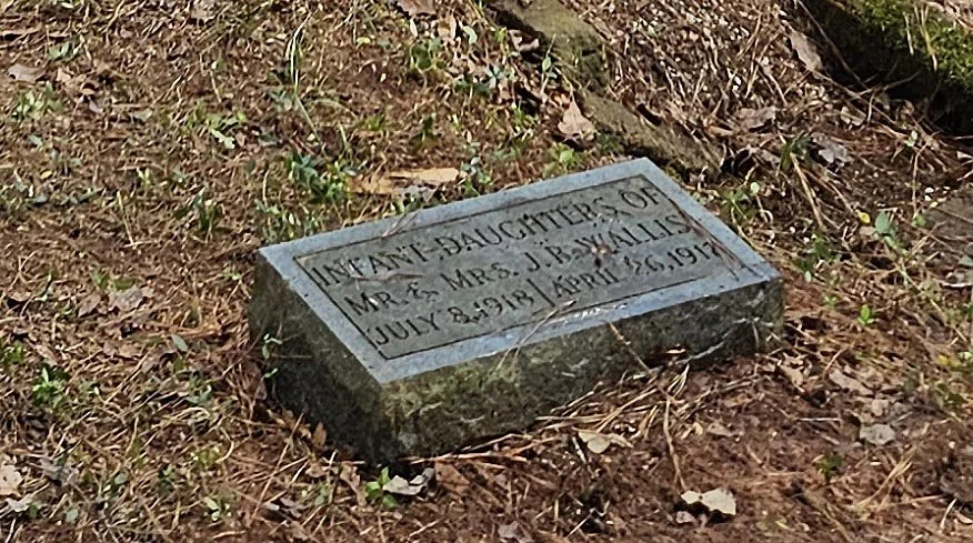 Gravestone for infant daughter of Mr. and Mrs. J.P. Wallis, dated July 23, 1918, and April 26, 1917, situated on the ground with dirt and little vegetation around.