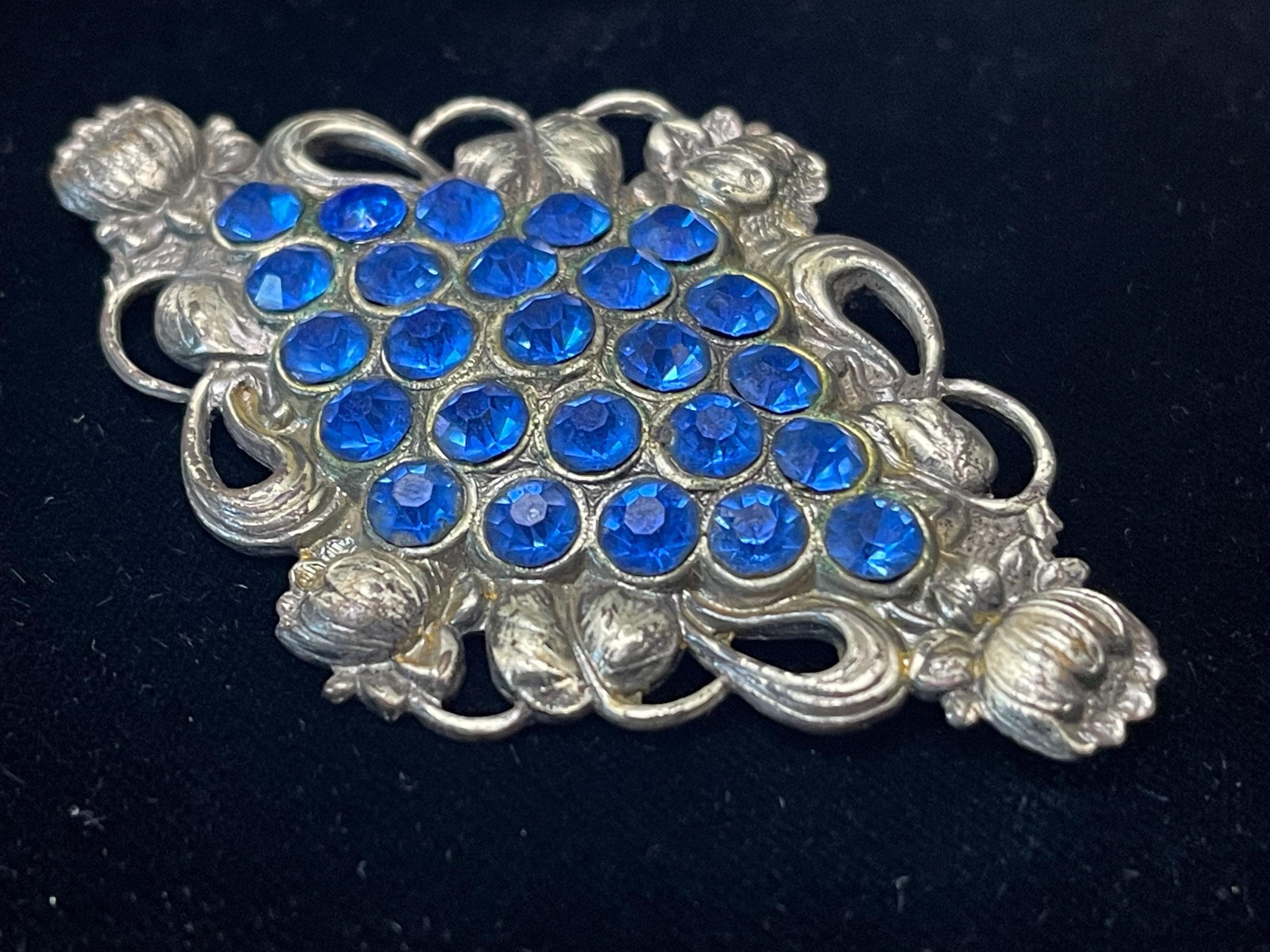 Antique Nouveau Style to Deco Blue Rhinestone Brooch