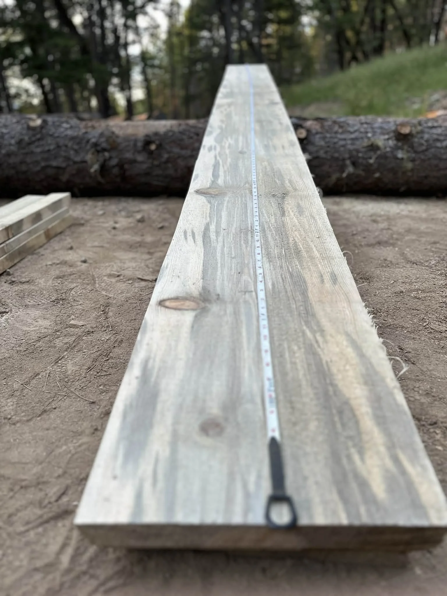 Close-up of a level wooden board with a measuring tape laid on top, outdoors in a wooded area.