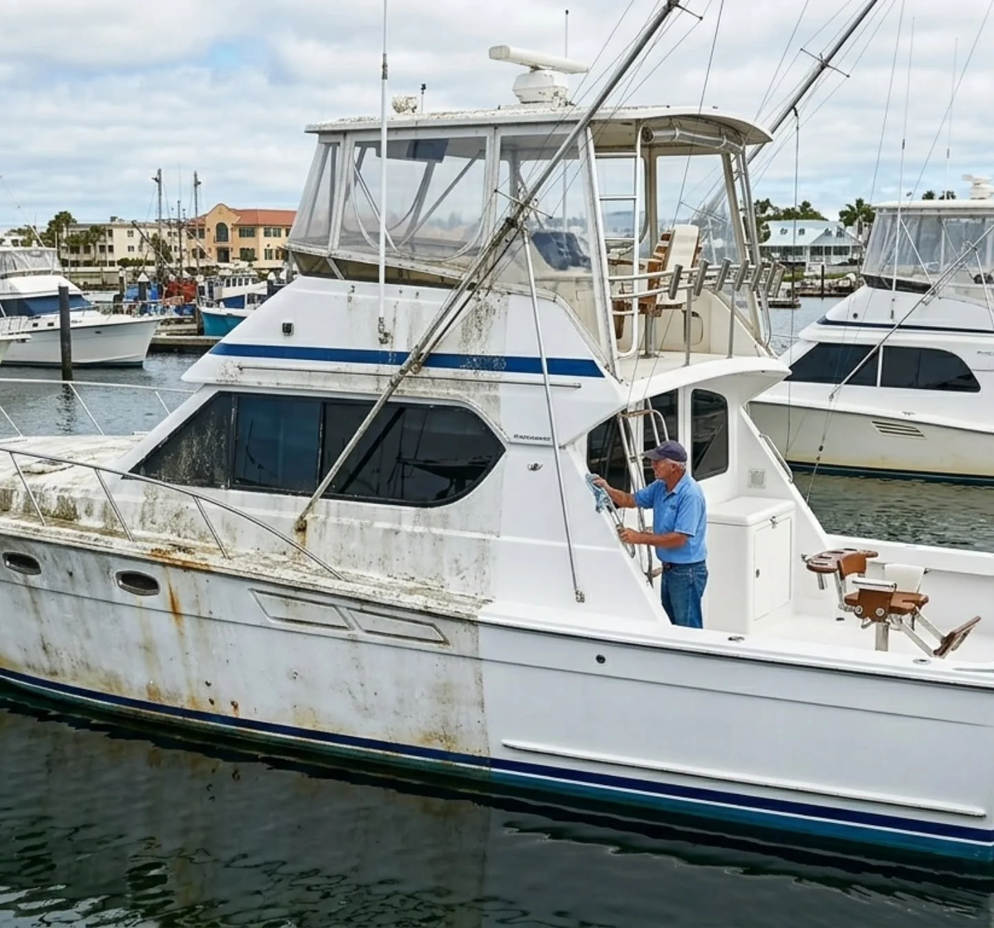 The line between **tournament-ready** and **dock-neglected** is thinner than you think.

This Hatteras sport fisherman is the perfect example of what just a few weeks of salt, sun, and idle time can do to a world-class vessel. 

From a dull, oxidized