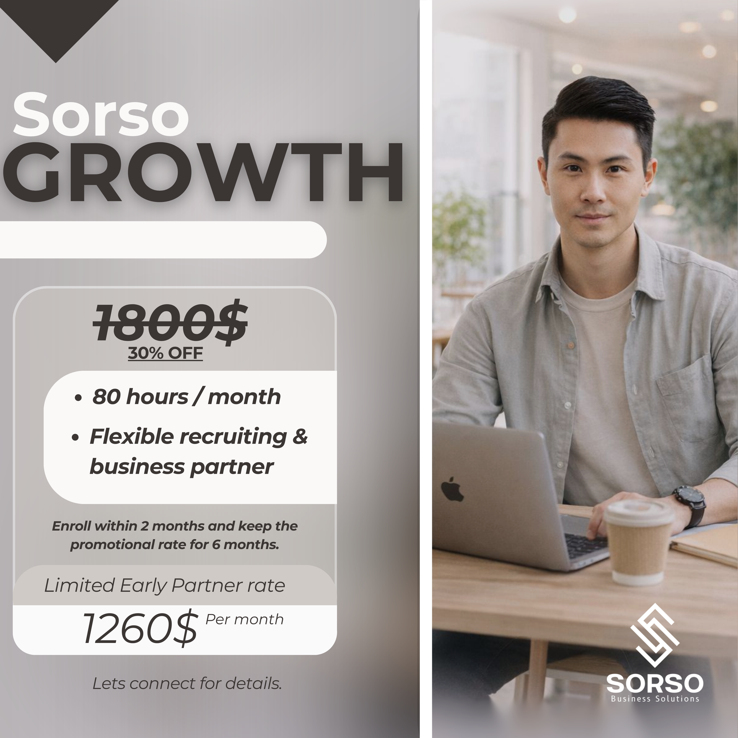 Advertisement for Sorso Business Solutions with a young man working on a laptop and a coffee cup in a bright office.