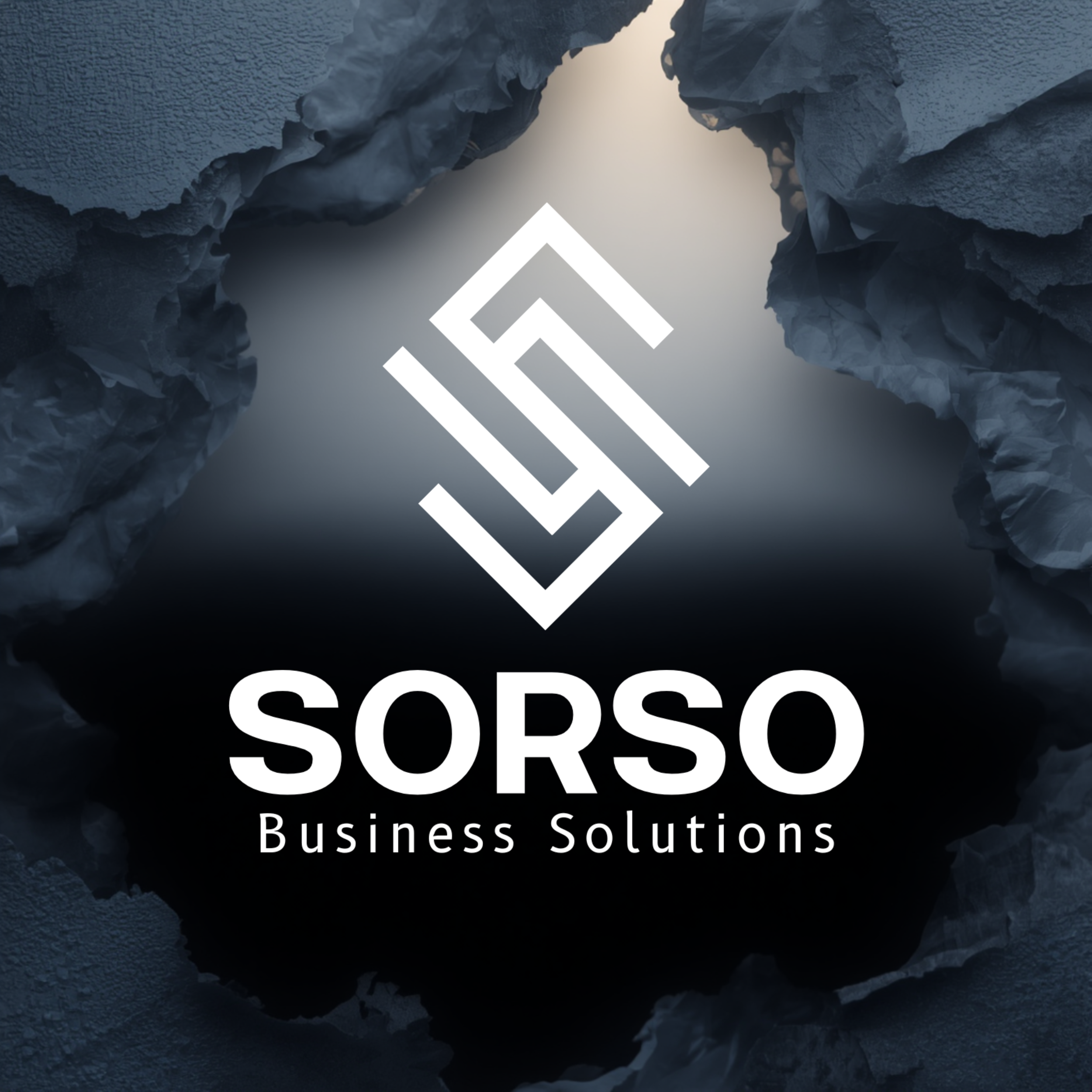 A logo for Sorso Business Solutions featuring a stylized geometric symbol above the text 'SORSO' and 'Business Solutions' on a background of torn dark paper around a reflective surface with light shining from behind