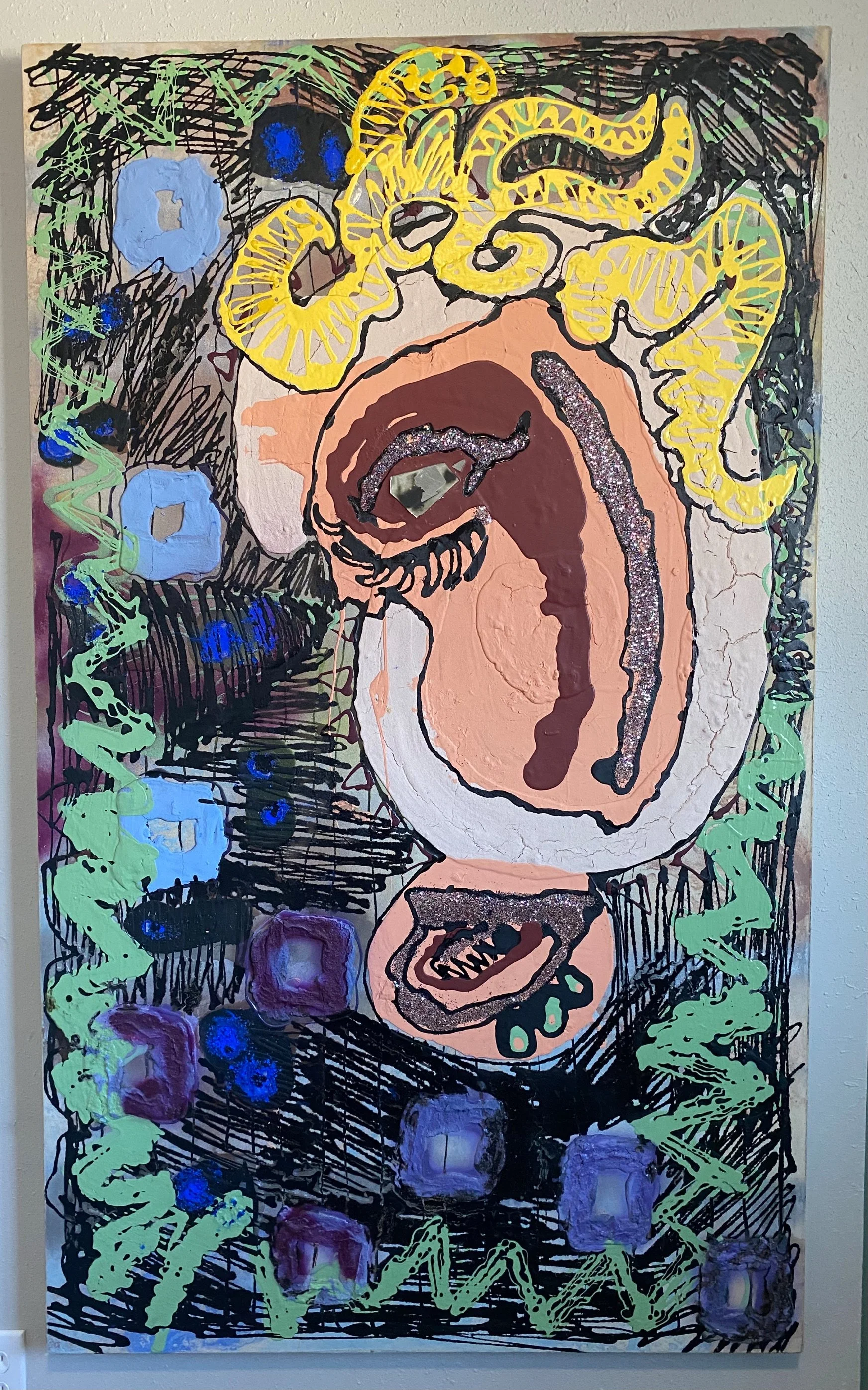 Donald Bacon Consumes the Universe, 4'x6'
Latex paint, tar, sand, spray paint, glitter, broken mirror
2017