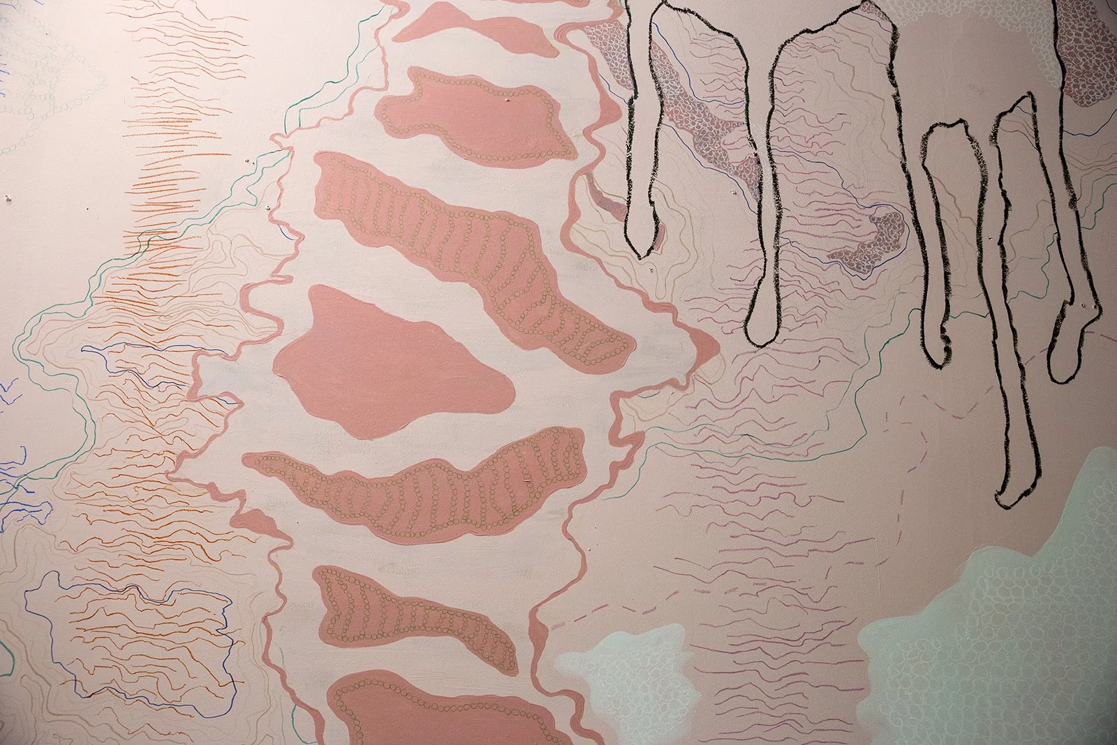 Warehouse Studio Mural, 20'x10'
Pastel, spray paint, ink, pencil and latex paint
2017