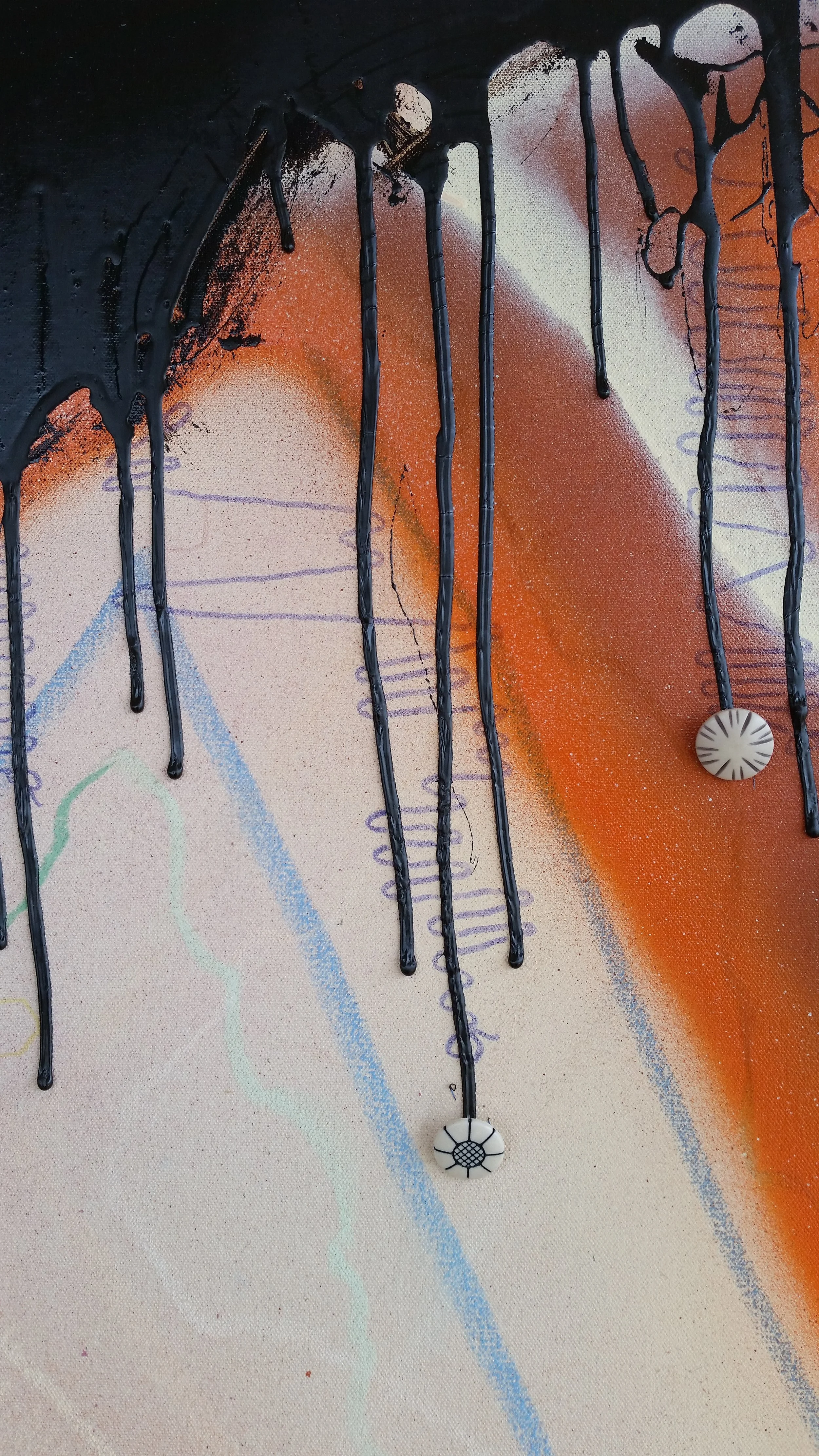 Chutes II (detail), 4'x6'
Spray paint, tar, chalk, pastel, thread and found buttons
2016