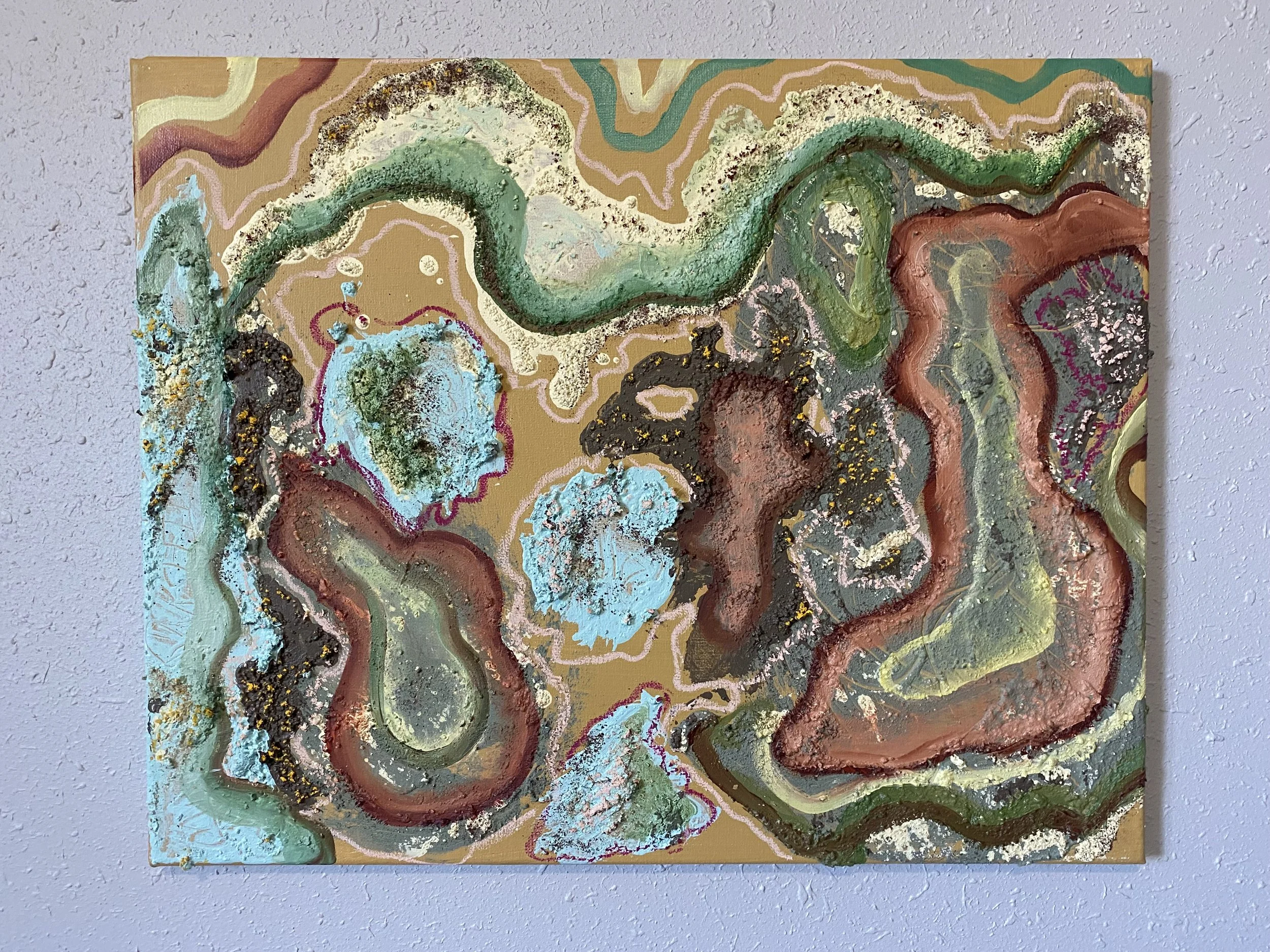 Geofunk, 18"x12"
Oil, latex paint, clay, charcoal and crushed flowers
2025