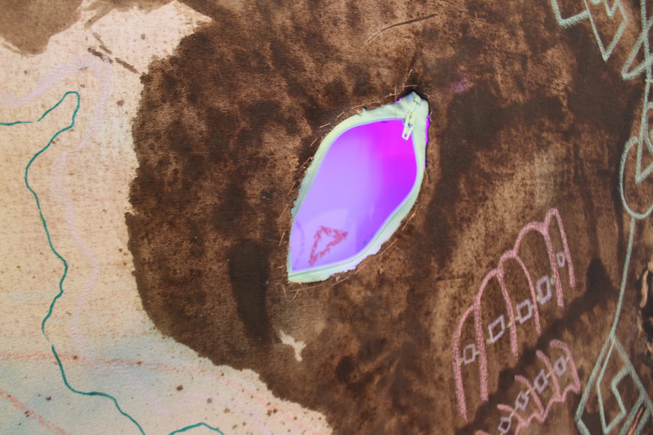 Chutes (detail), 4'x6'
Oil, chalk, ink, pastel, spray paint, zippers and twine
2016