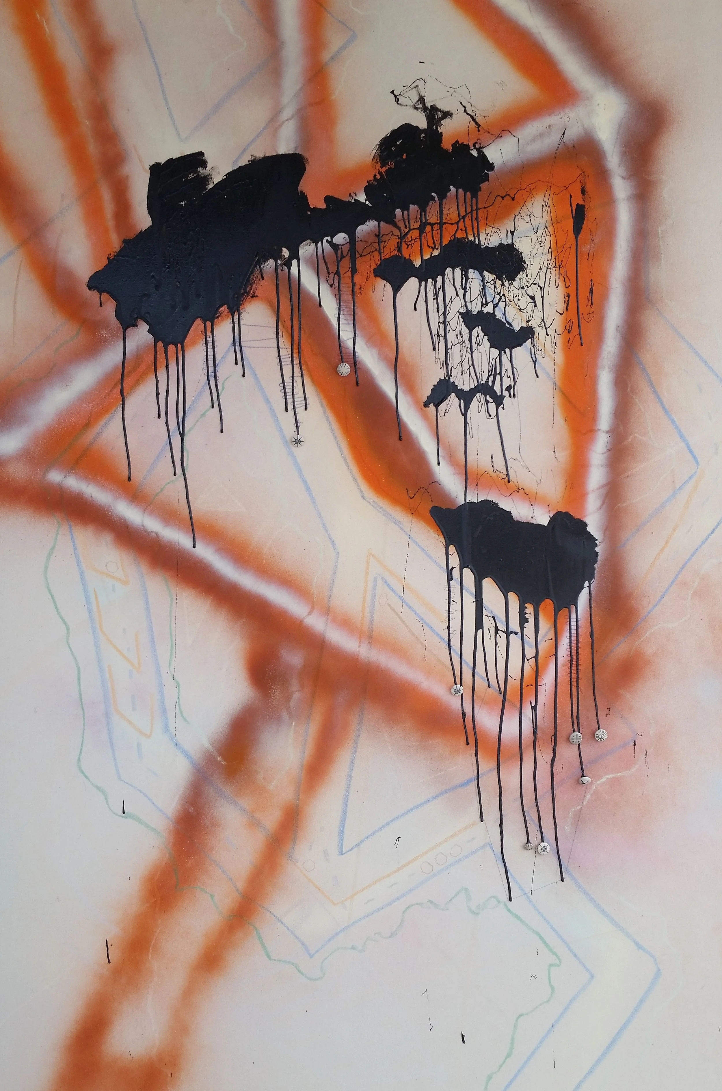 Chutes II, 4'x6'
Spray paint, tar, chalk, pastel, thread and found buttons
2016