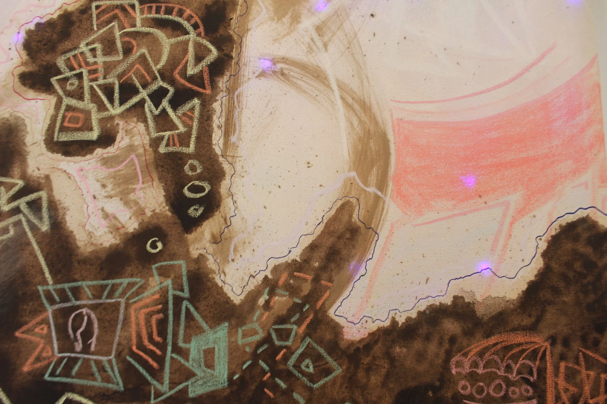 Chutes (detail), 4'x6'
Oil, chalk, ink, pastel, spray paint, zippers and twine
2016