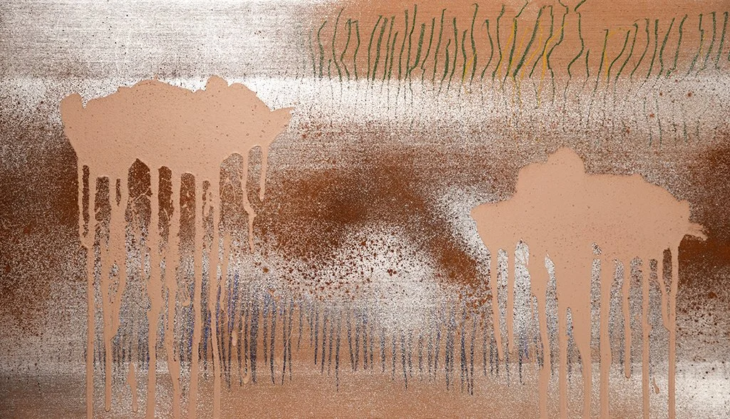 Latex paint, spray paint, pastel and wood