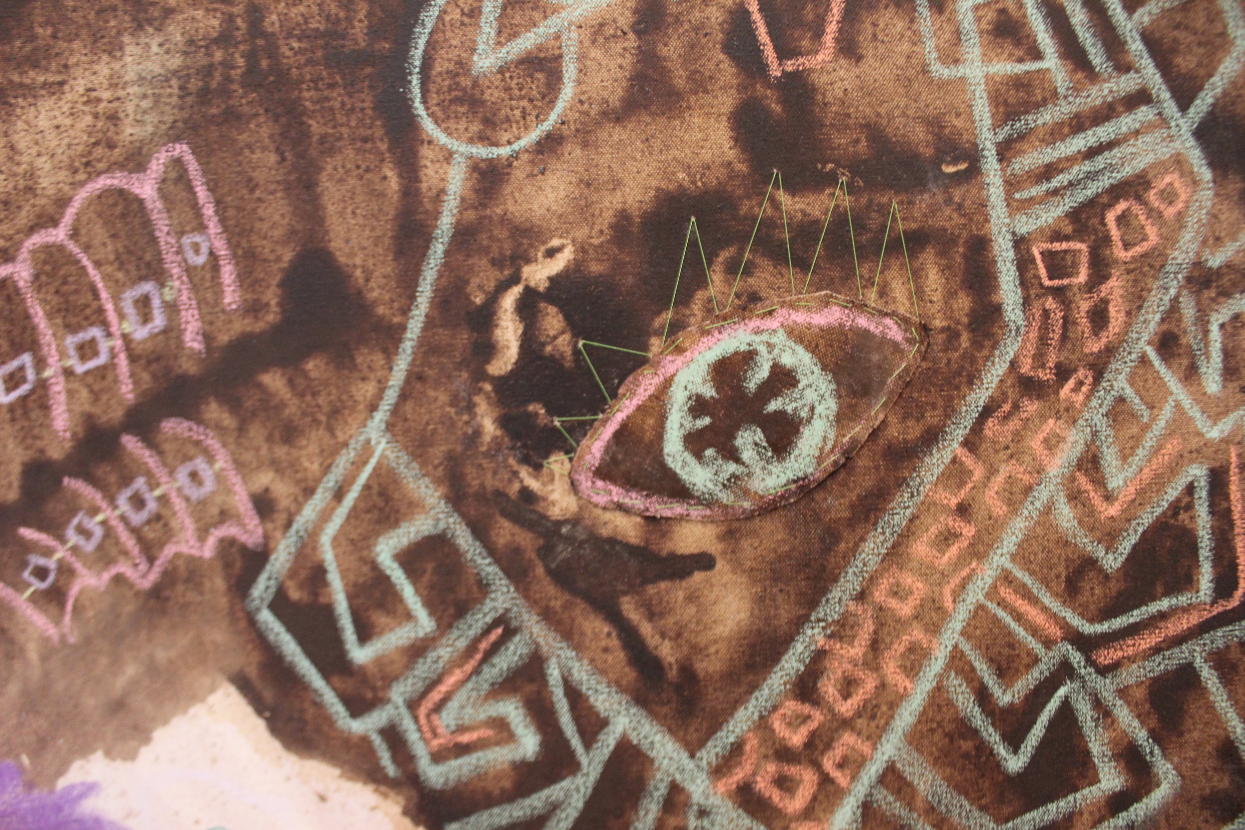 Chutes (detail), 4'x6'
Oil, chalk, ink, pastel, spray paint, zippers and twine
2016